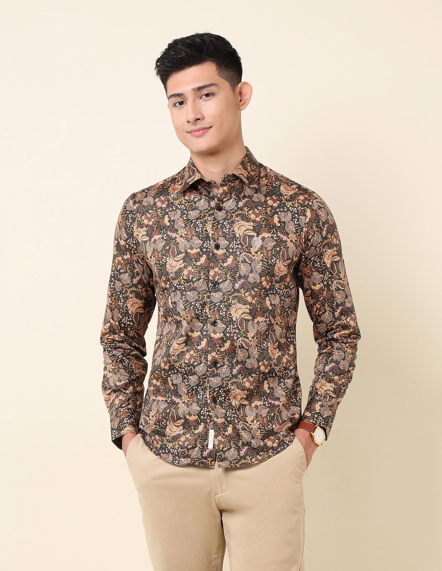 Floral Printed Satin Pure Cotton Shirt Brown - U.S. Polo Assn. India | Large