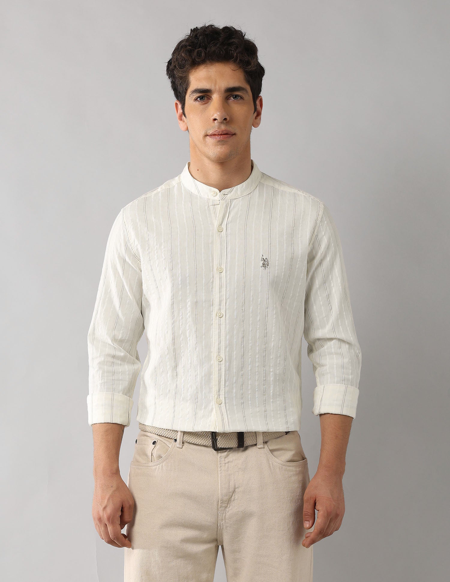 Mandarin Collar Vertical Striped Shirt