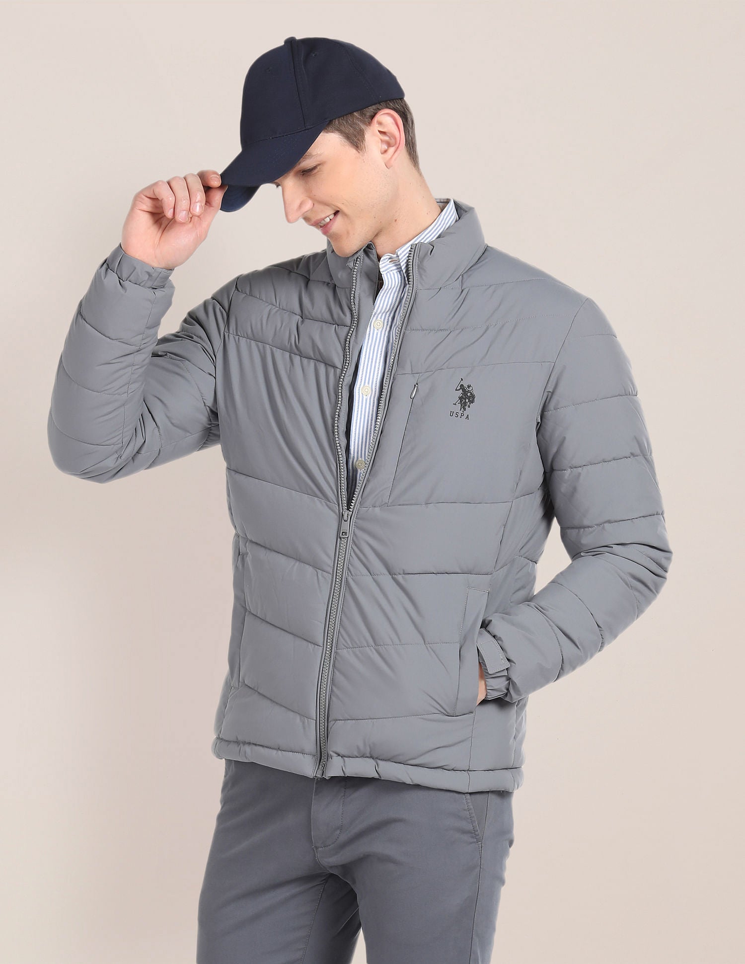 High Neck Quilted Jacket Grey - U.S. Polo Assn. India | Large