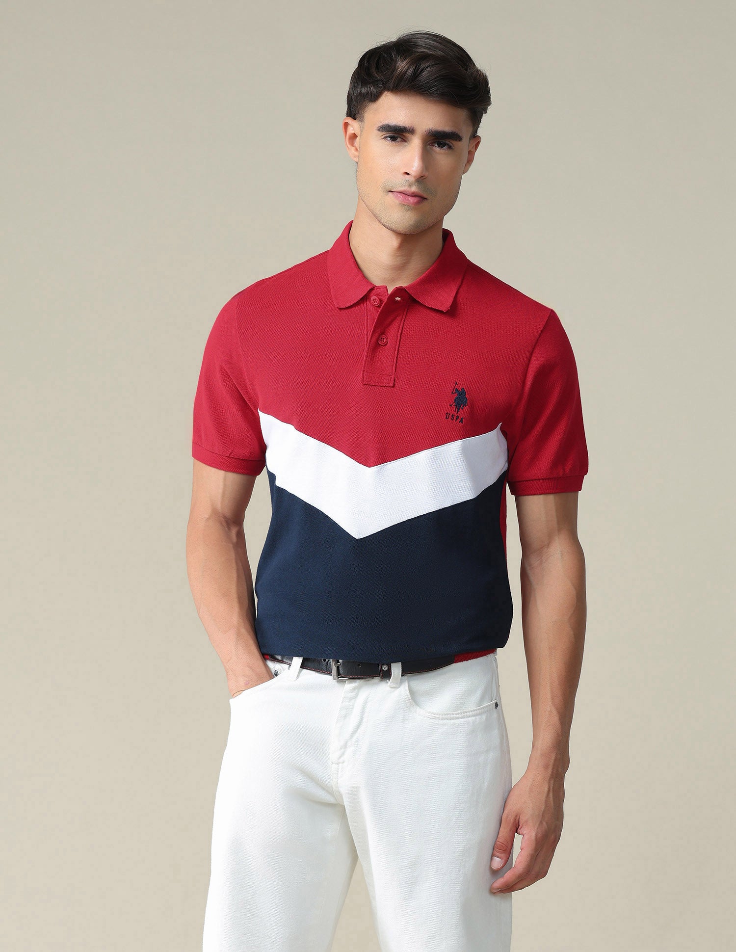 Ribbed Collar Colour Block Polo Shirt
