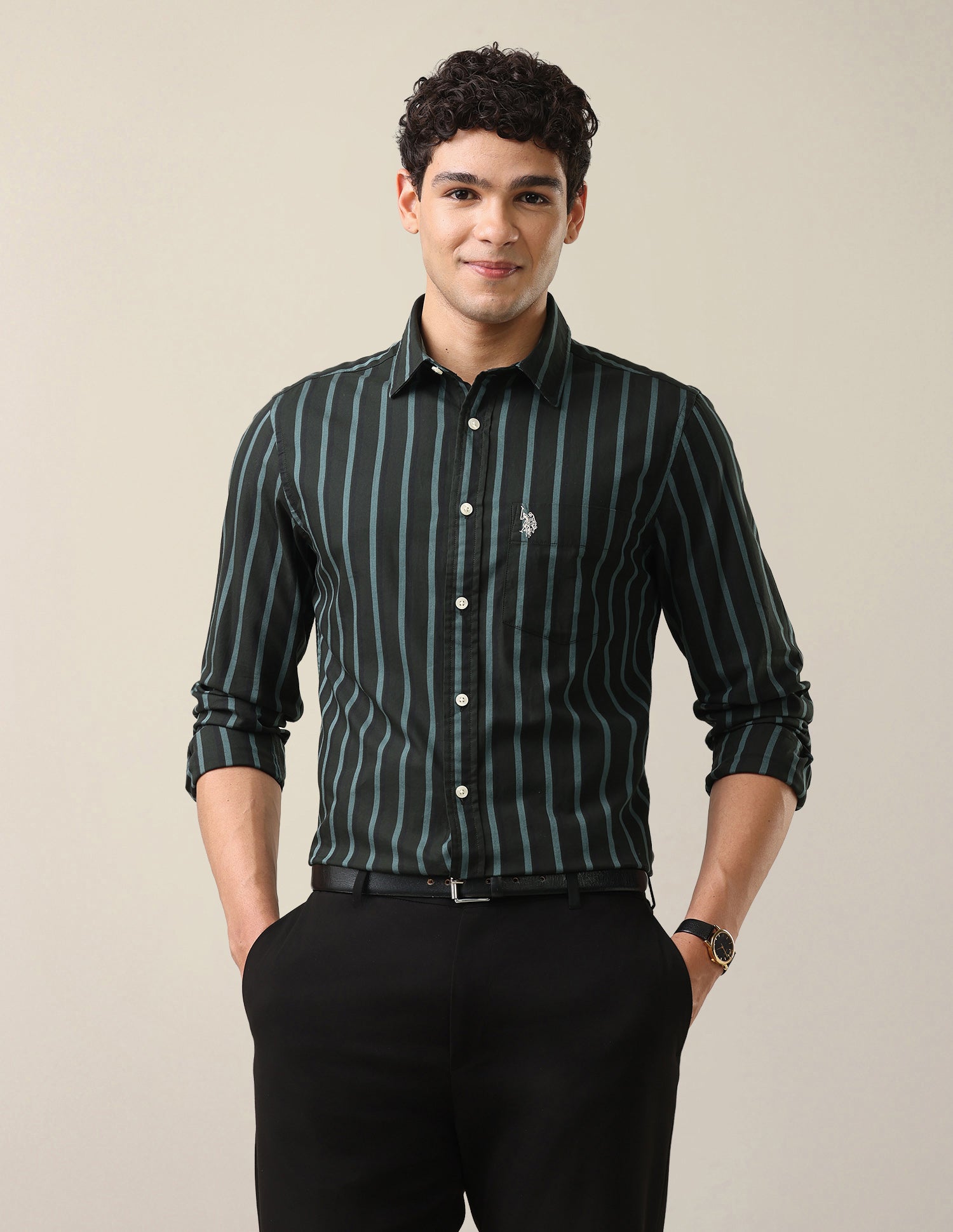 Vertical Striped Twill Shirt Dark Green - U.S. Polo Assn. India | Large