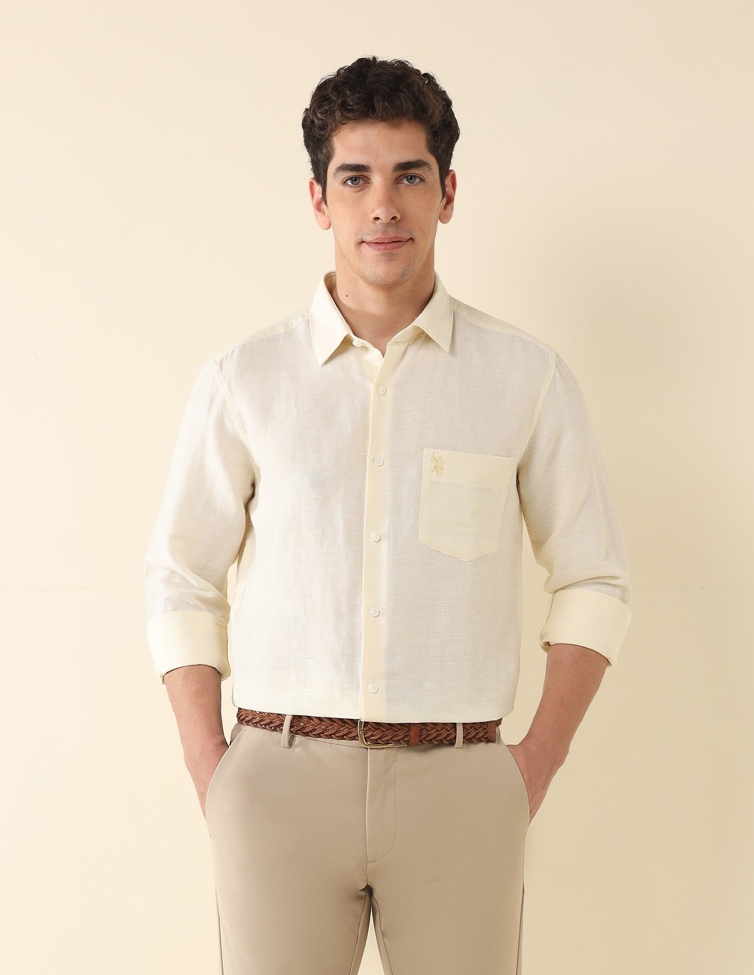 Tailored Fit Solid Shirt Cream - U.S. Polo Assn. India | Large