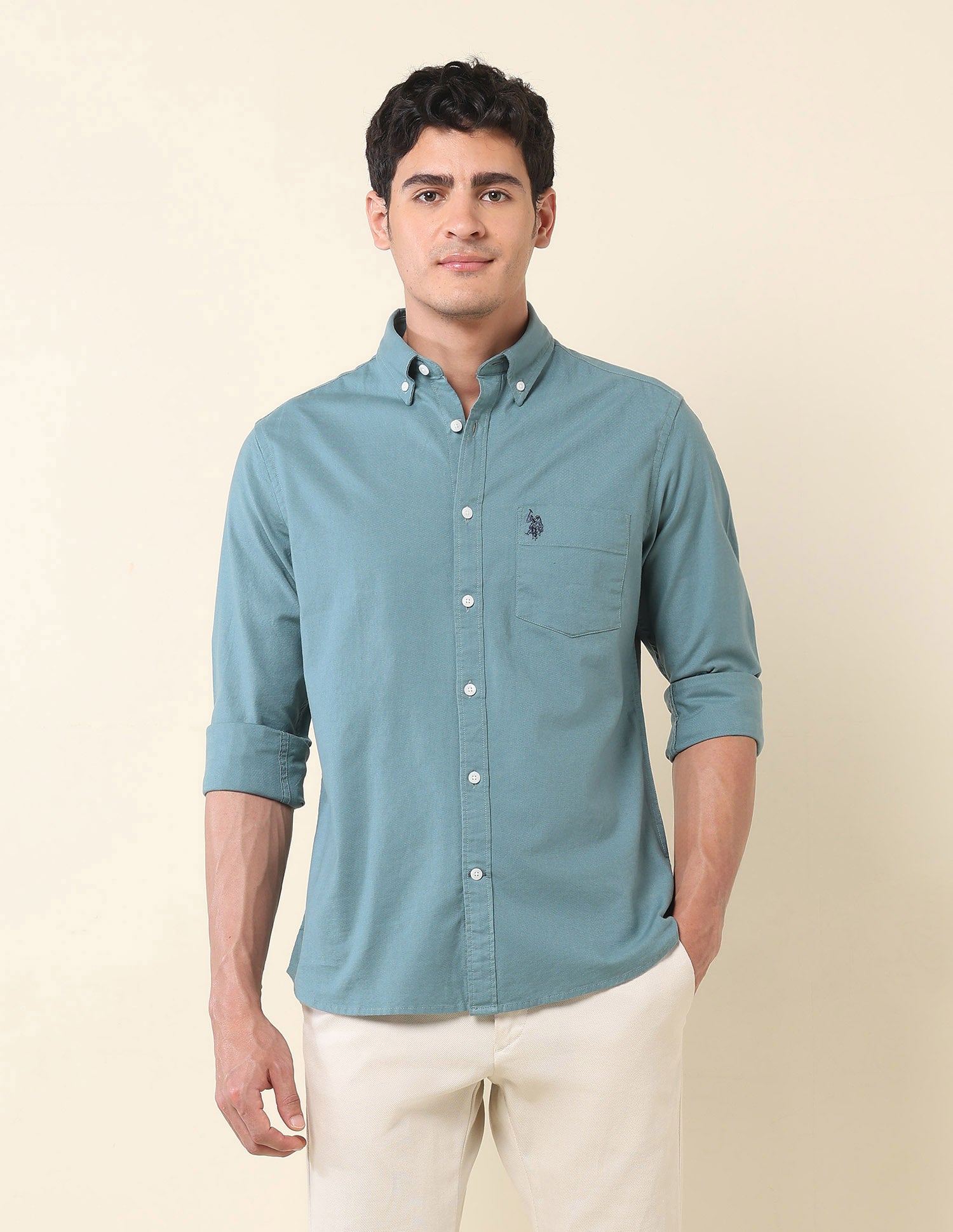 Solid Tailored Fit Oxford Shirt Teal - U.S. Polo Assn. India | Large