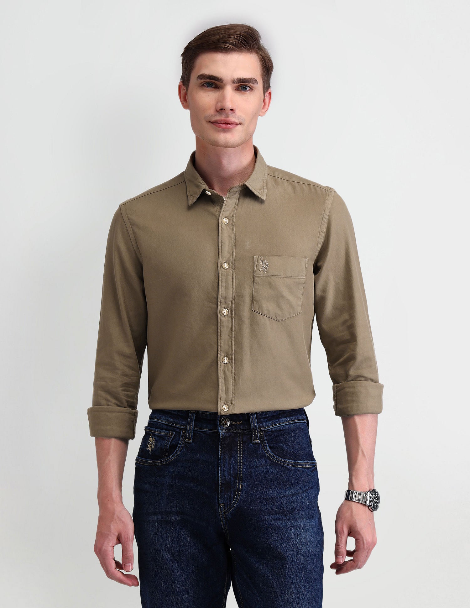 Solid Slim Fit Shirt Khaki - U.S. Polo Assn. India | Large