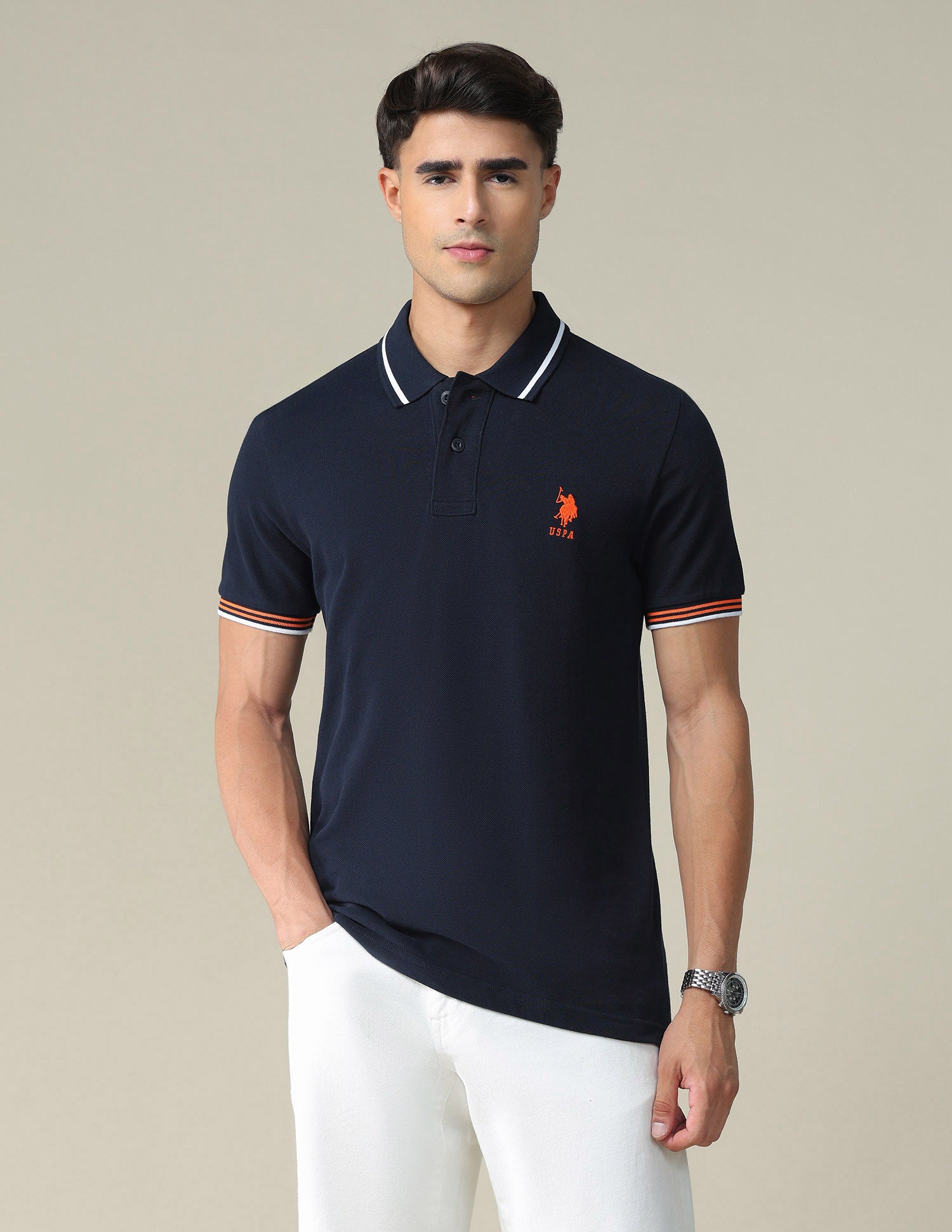 Striped Collar Solid Polo Shirt