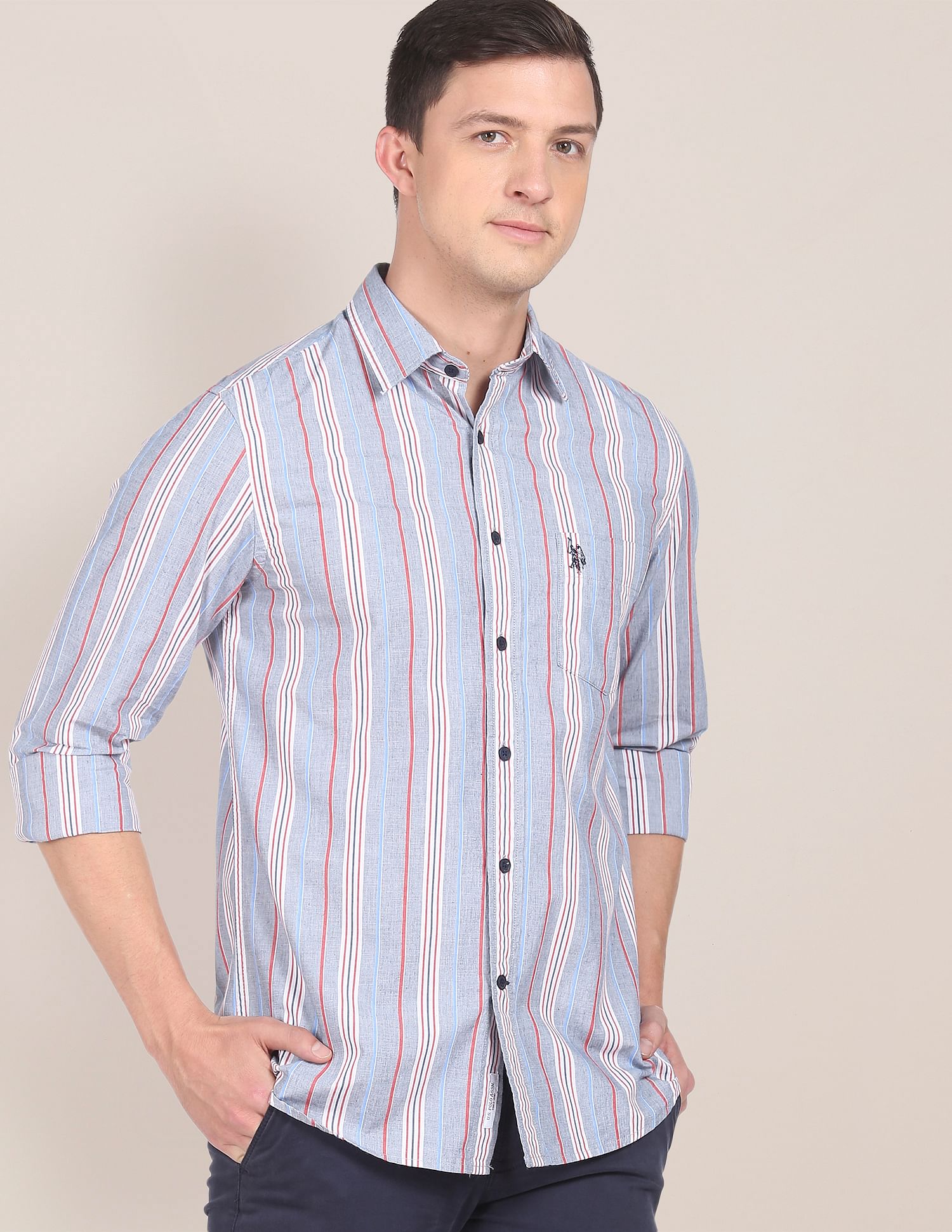 Vertical Stripe Cotton Casual Shirt Light Grey - U.S. POLO ASSN. | Large