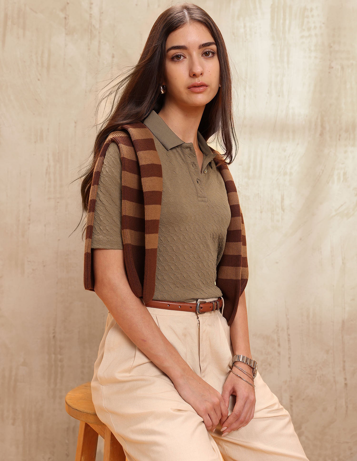 Polo With Elbow Sleeves And  Embelished Buttons