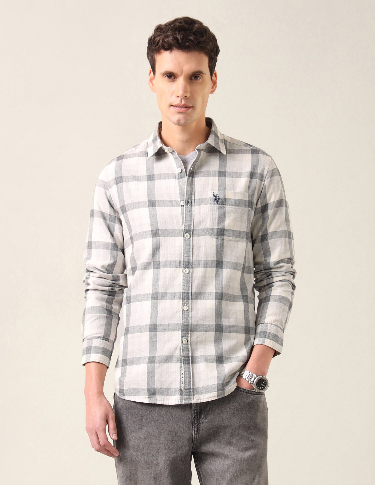 Grid Tattersall Checked Twill Shirt Grey - U.S. Polo Assn. India | Large