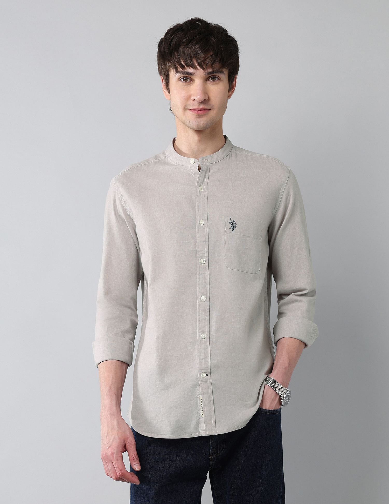 Solid Slub Mandarin Collar Shirt