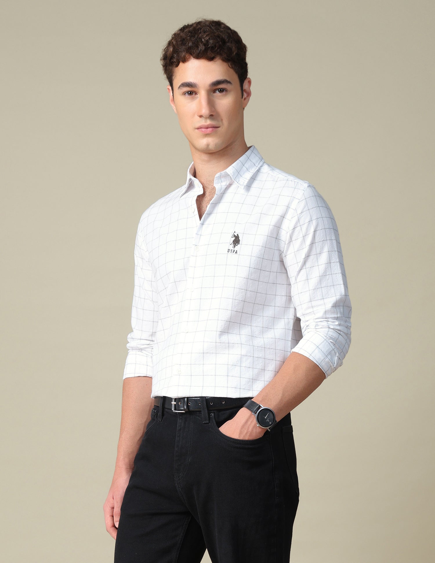Windowpane Checked Seersucker Shirt White - U.S. Polo Assn. India | Large