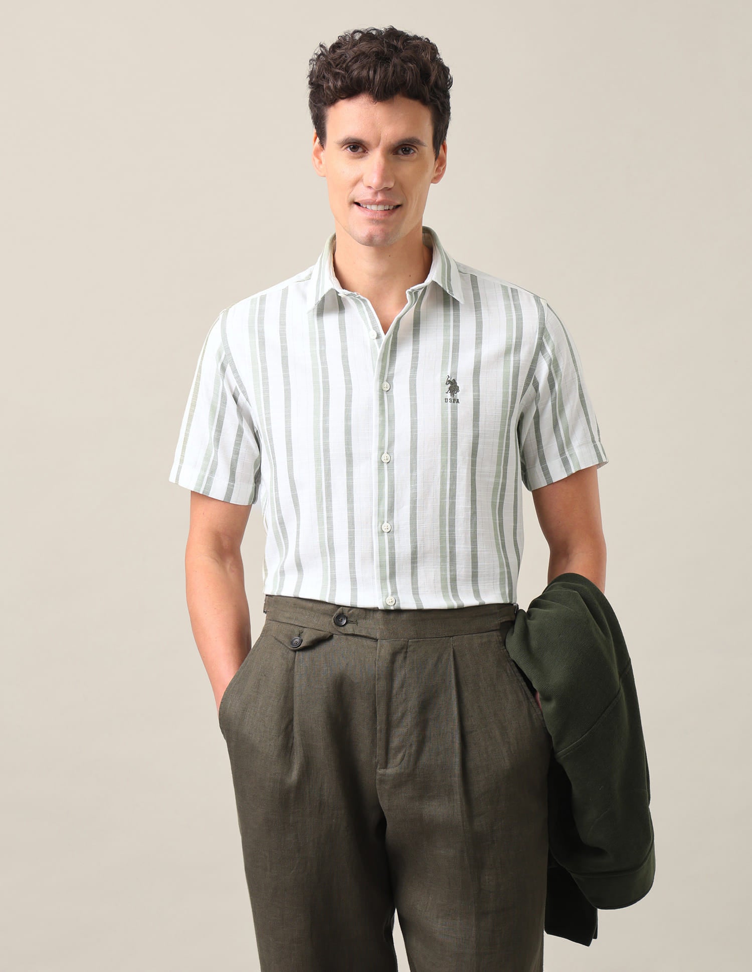 Vertical Striped Regular Fit Shirt Olive Green - U.S. Polo Assn. India | Large