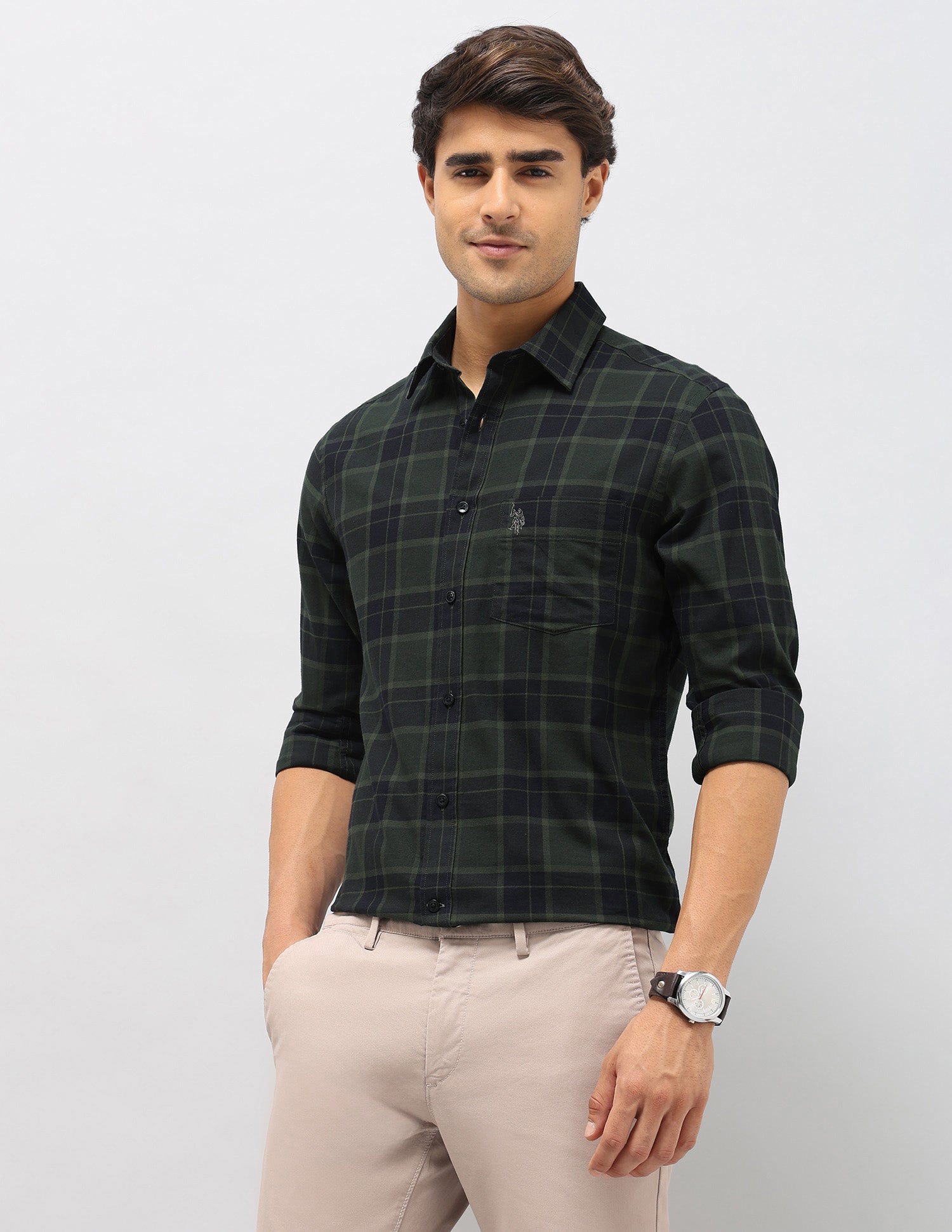 Plaid Checked Tailored Fit Shirt Olive - U.S. Polo Assn. India | Large