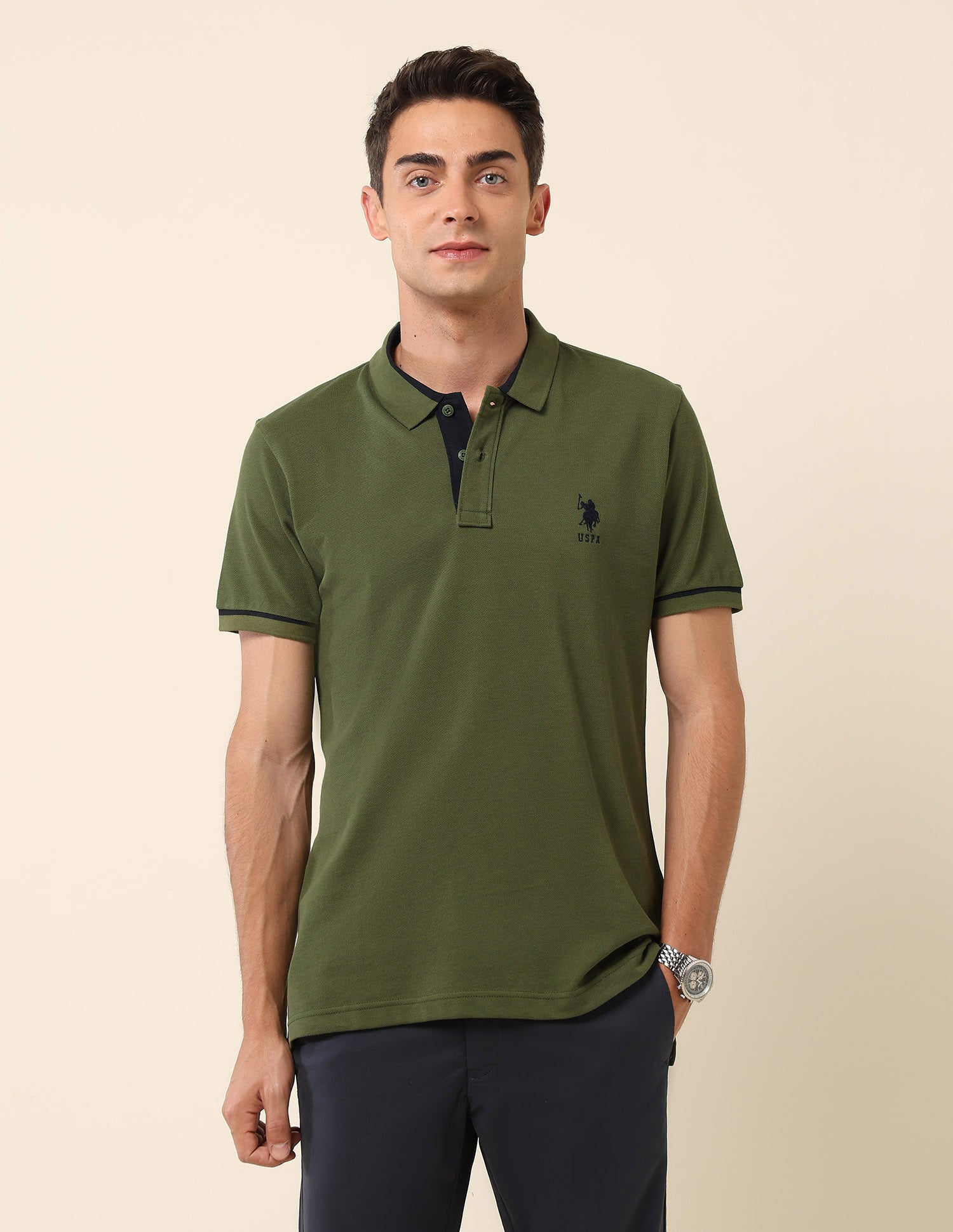 Pure Cotton Slim Fit Polo Shirt Olive - U.S. Polo Assn. India | Large