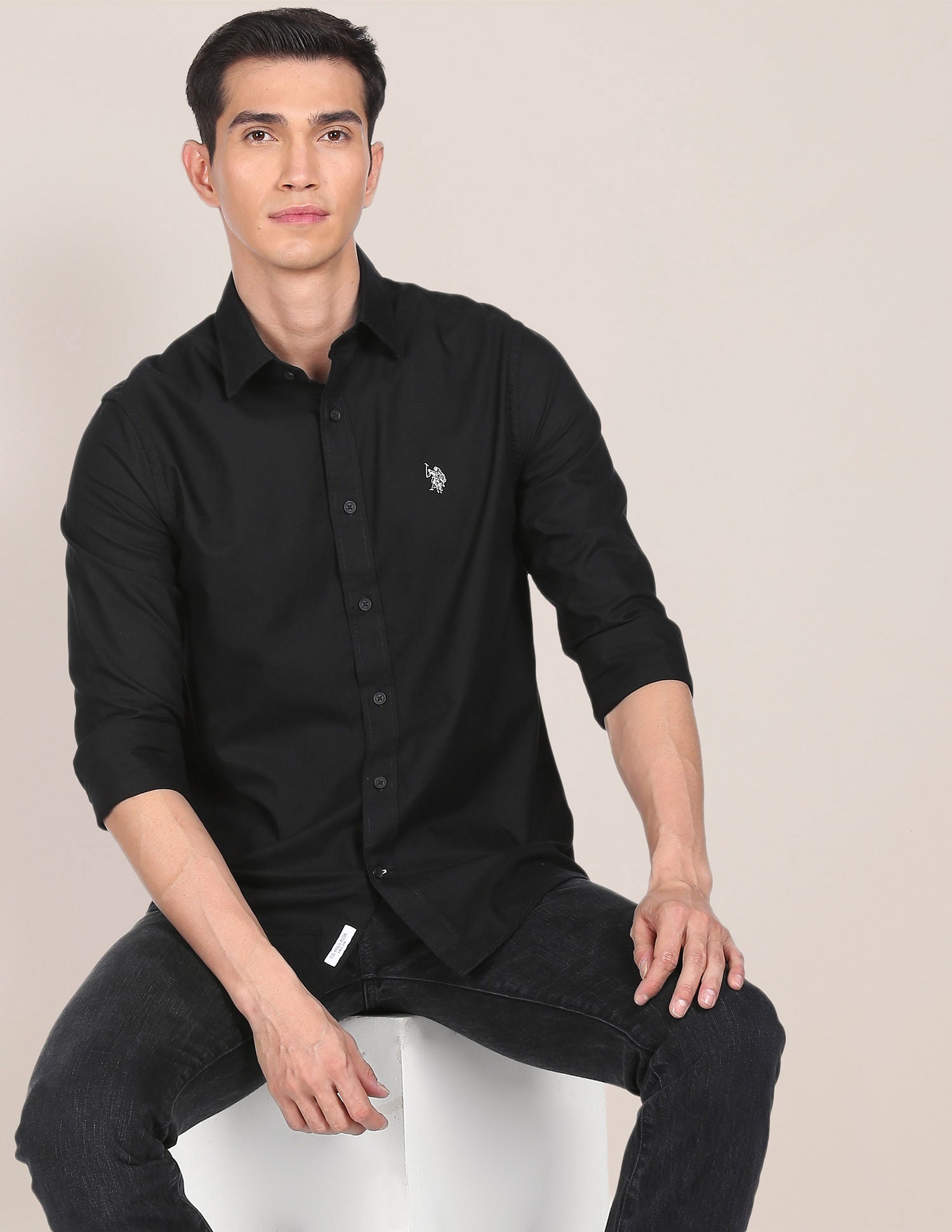 Men Black Premium Cotton Solid Casual Shirt Black - U.S. POLO ASSN. | Large