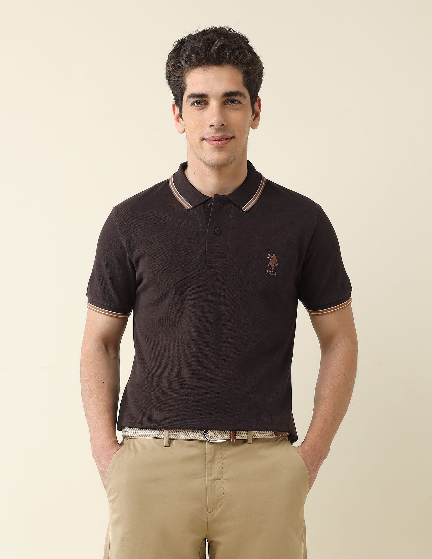 Slim Fit Solid Polo Shirt Dark Brown - U.S. Polo Assn. India | Large