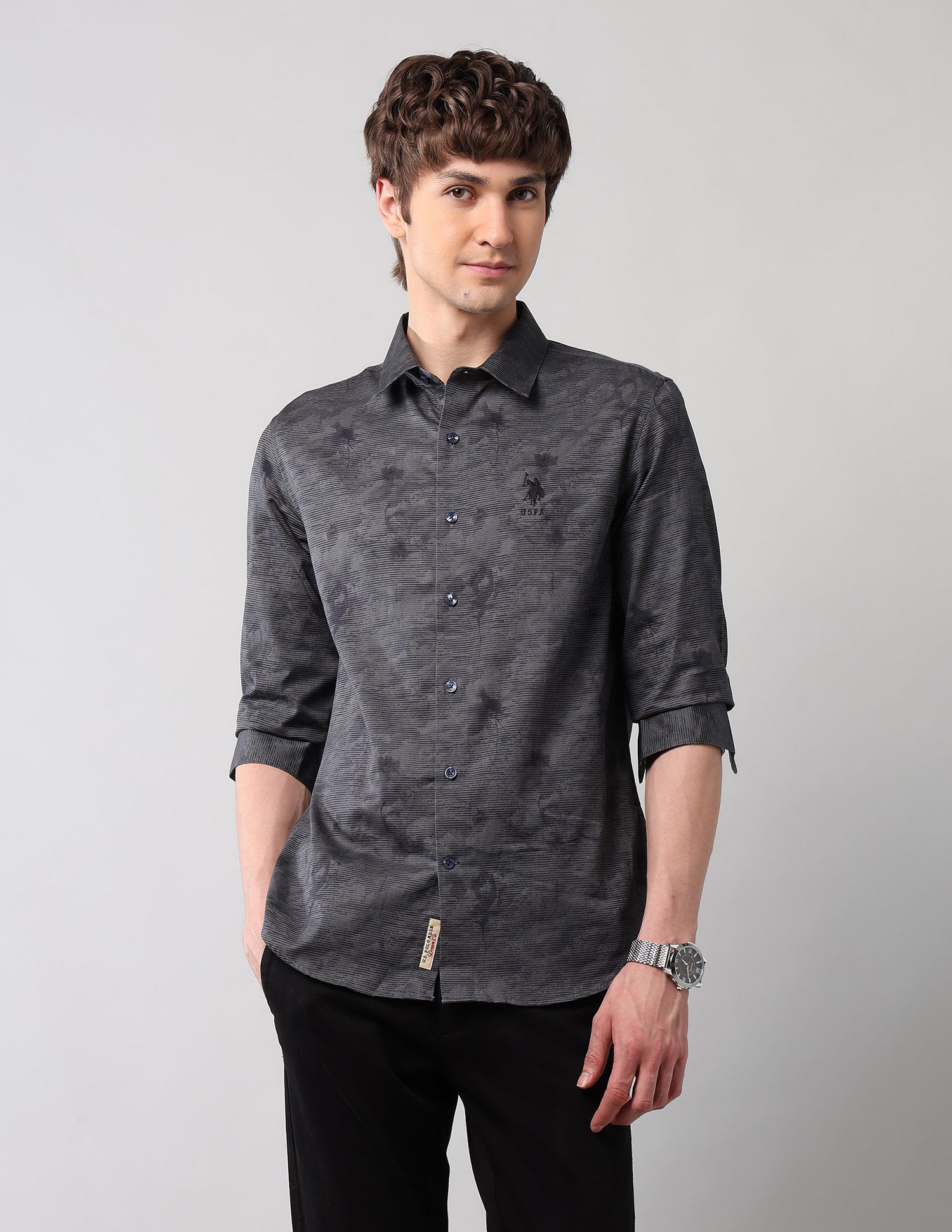 All-Over Printed Pure Cotton Shirt Dark Grey - U.S. Polo Assn. India | Large
