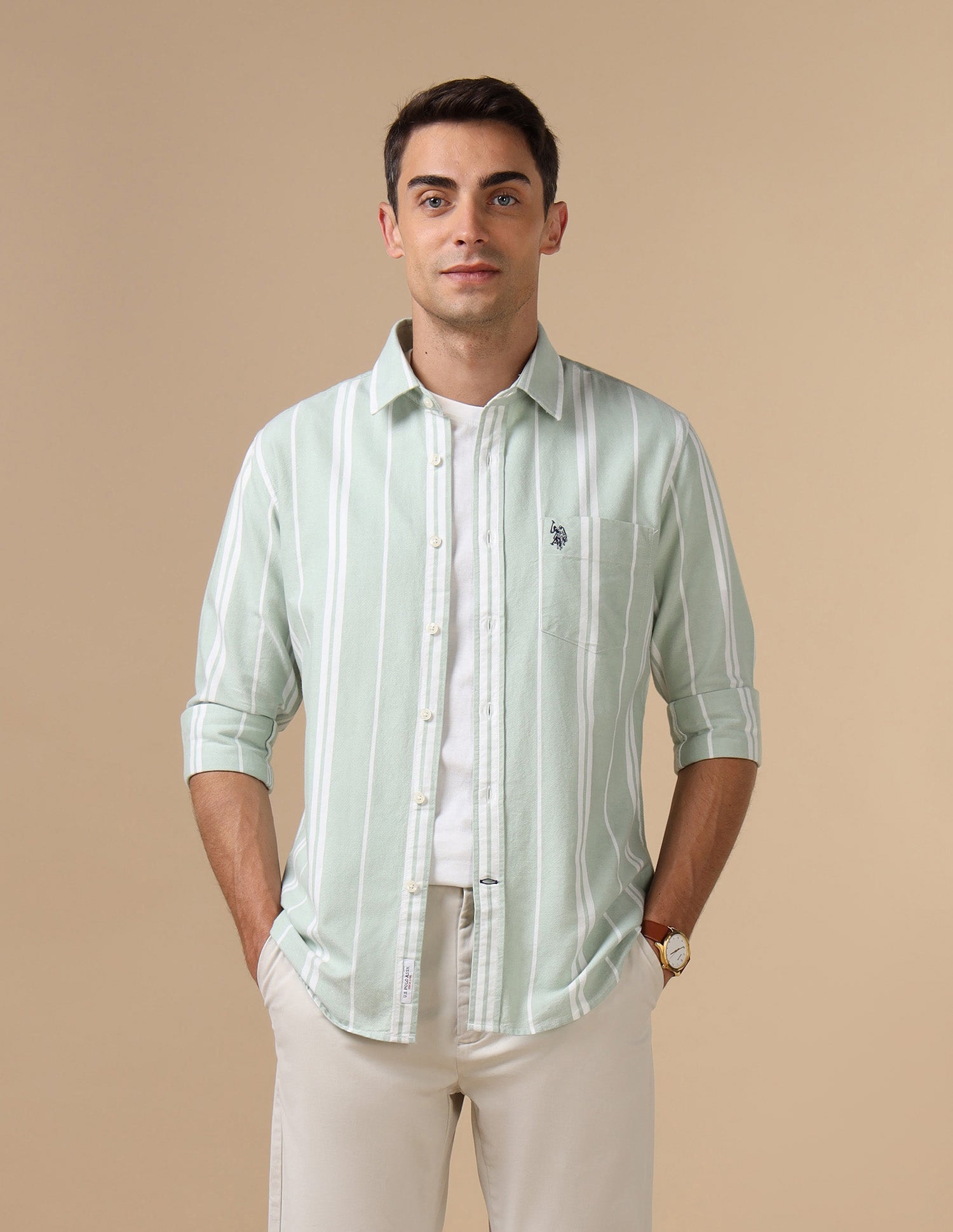 Pure Cotton Tailored Fit Shirt Light Green - U.S. Polo Assn. India | Large