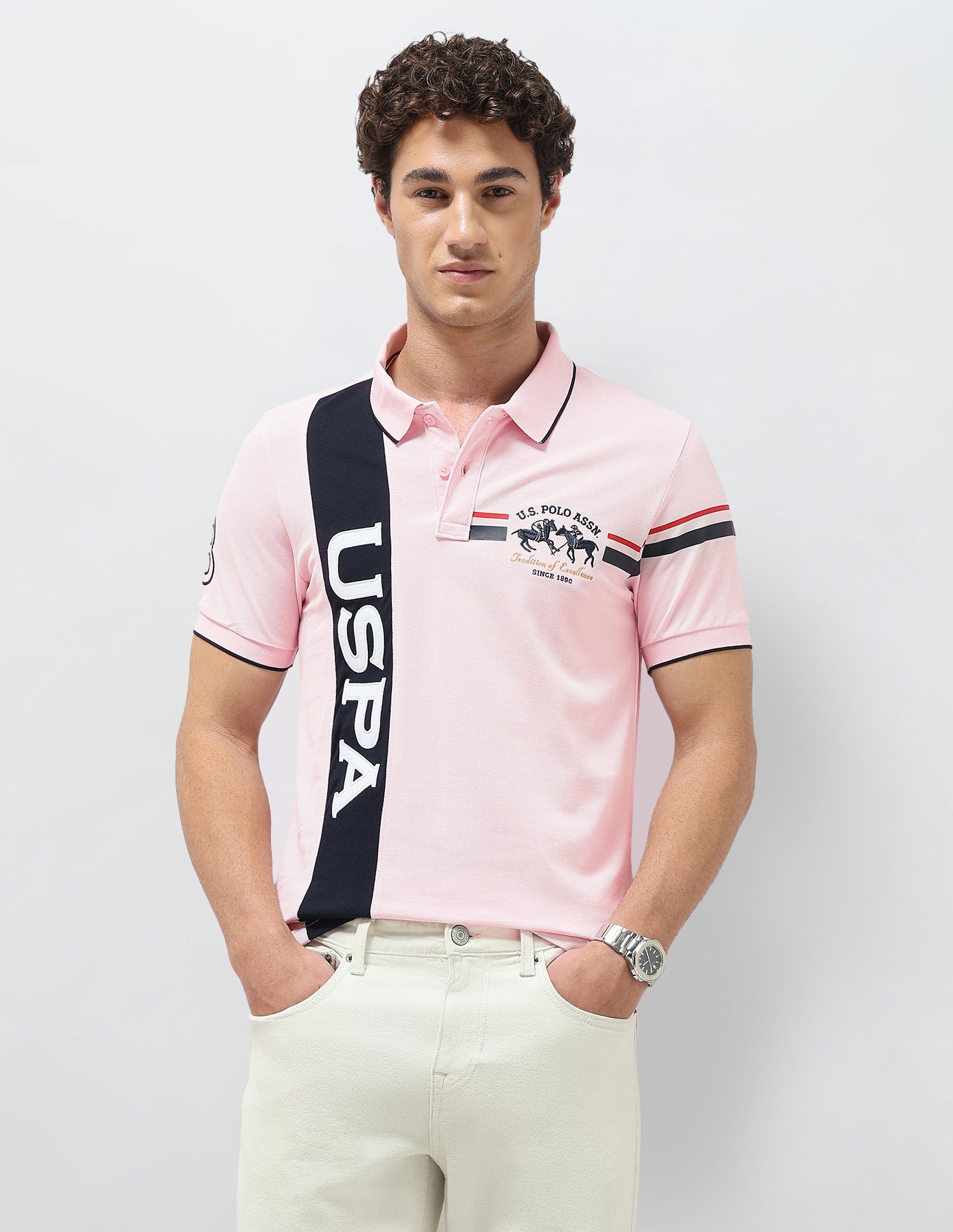 Colorblocked Brand Embroidered Slim Fit Polo Shirt Light Pink - U.S. Polo Assn. India | Large