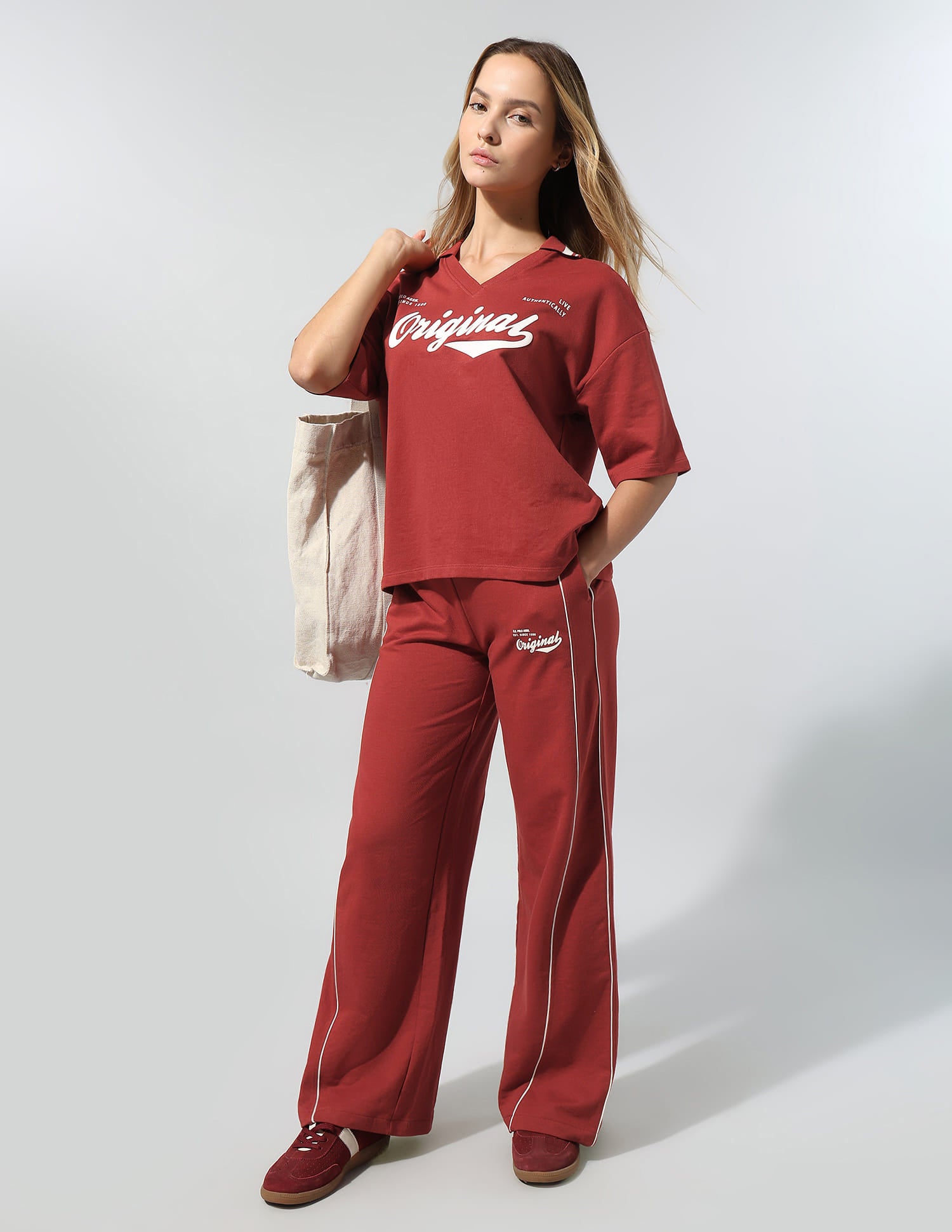 Polo Collar T-Shirt With Wide Leg Pants