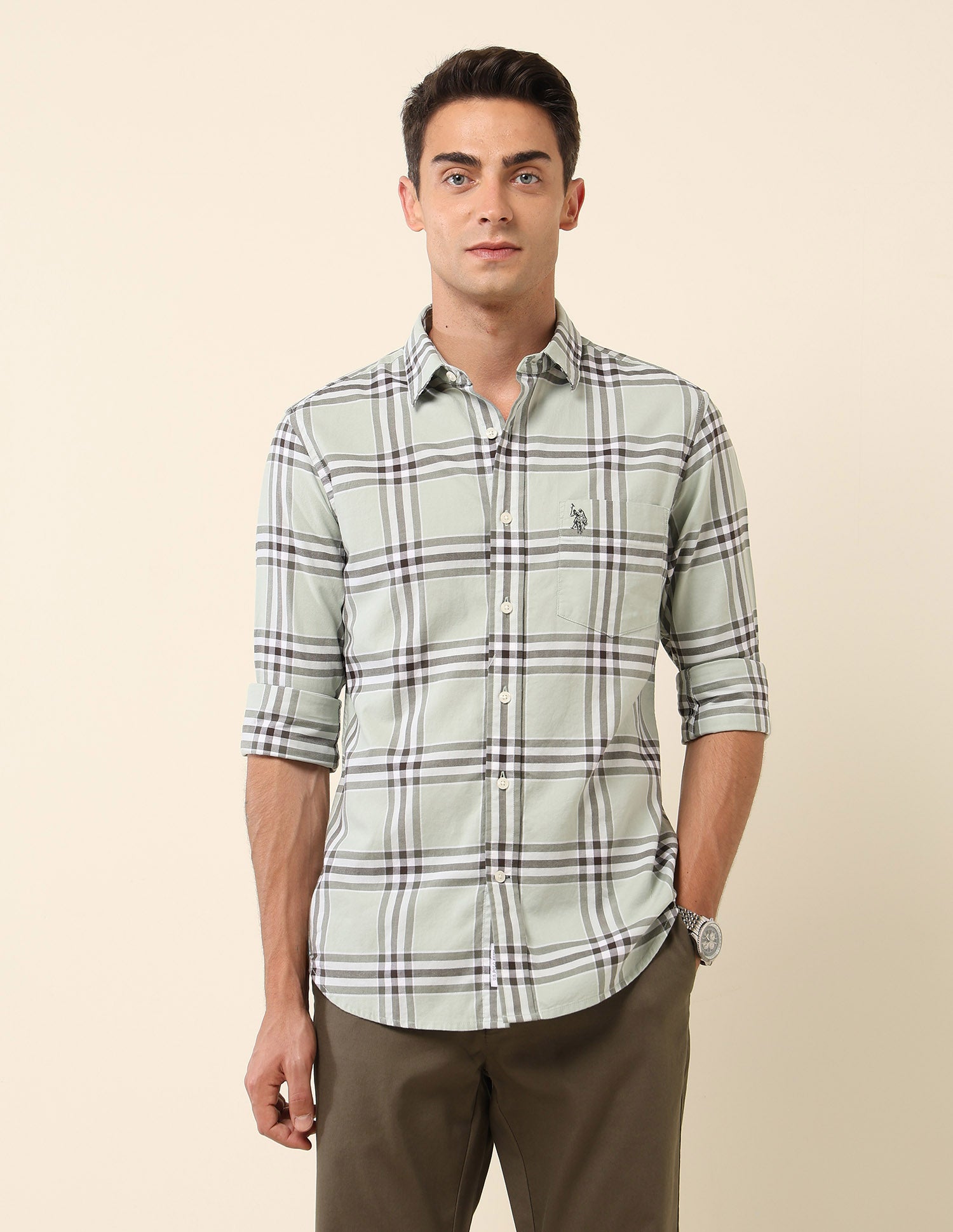 Pure Cotton Tartan Checked Shirt Light Green - U.S. Polo Assn. India | Large