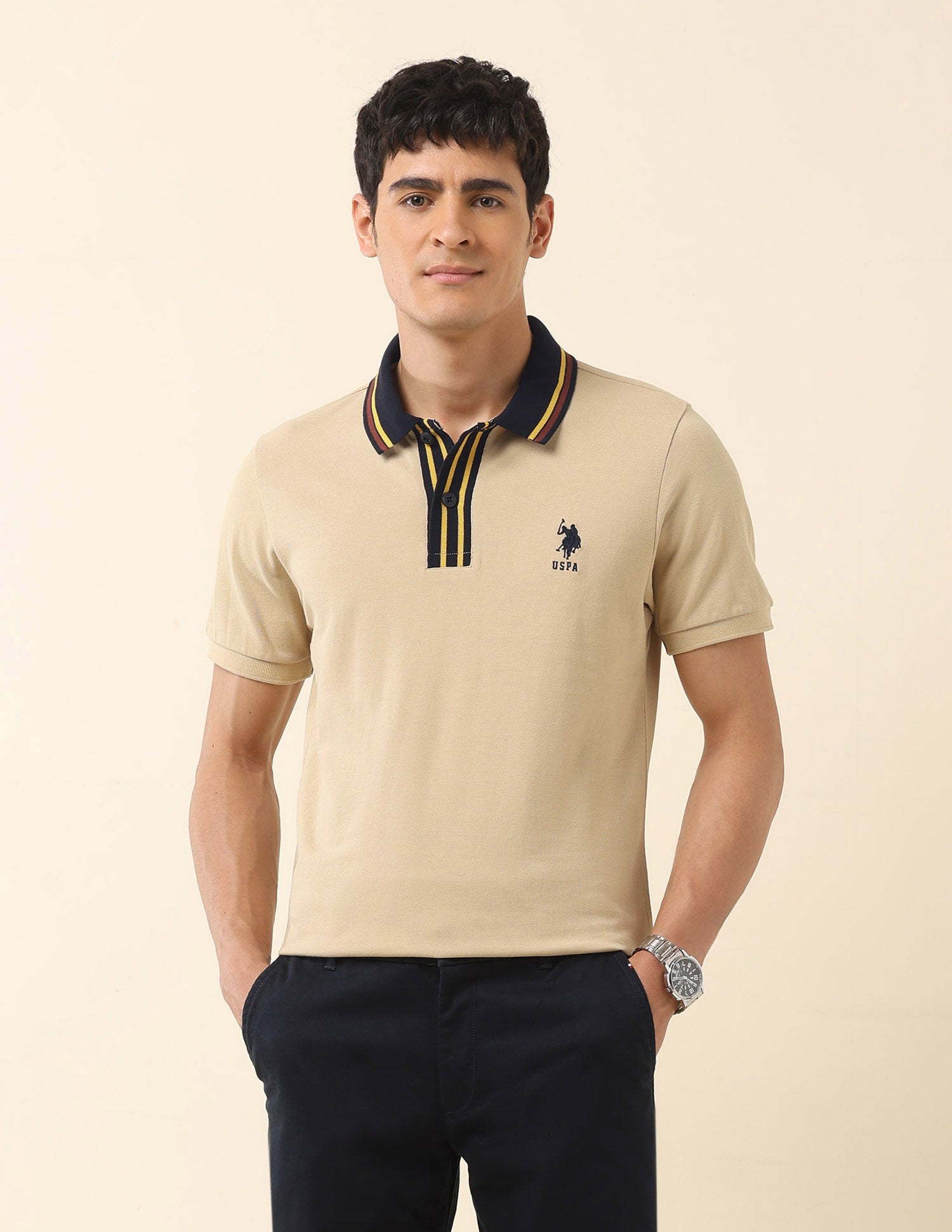 Pure Cotton Slim Fit Classic Polo Shirt Beige - U.S. Polo Assn. India | Large