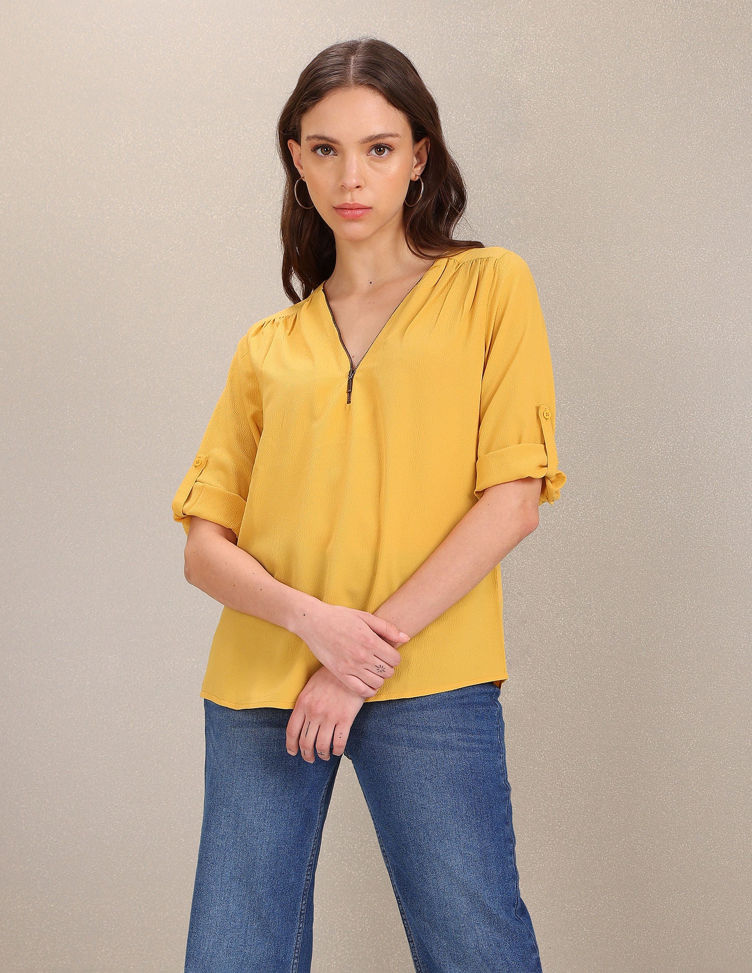 Three Quarter Sleeve Solid Top Yellow - U.S. POLO ASSN. | Large