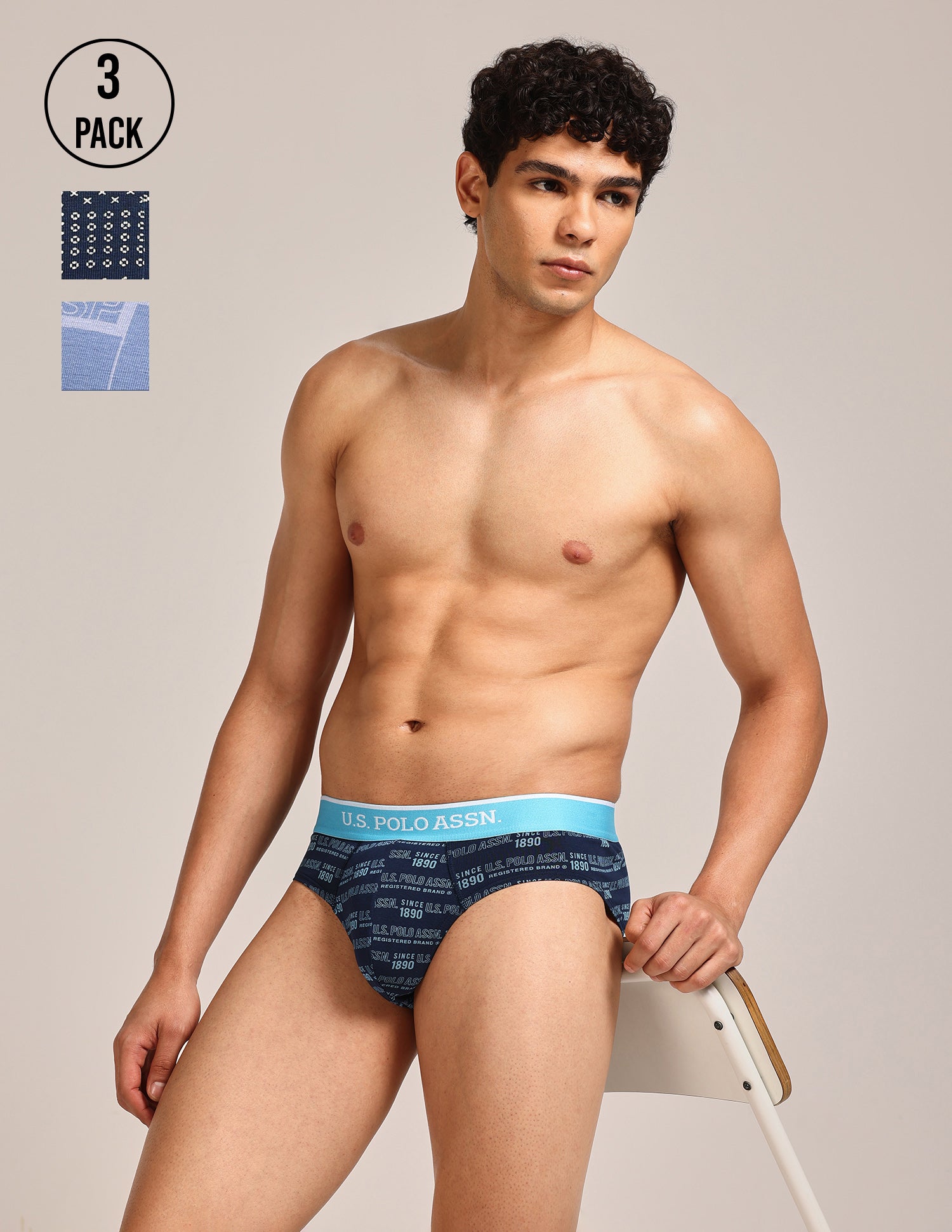 Abrasion Free Printed OEB24 Briefs - Pack Of 3 Blue, Navy, Light Blue - U.S. Polo Assn. India | Large