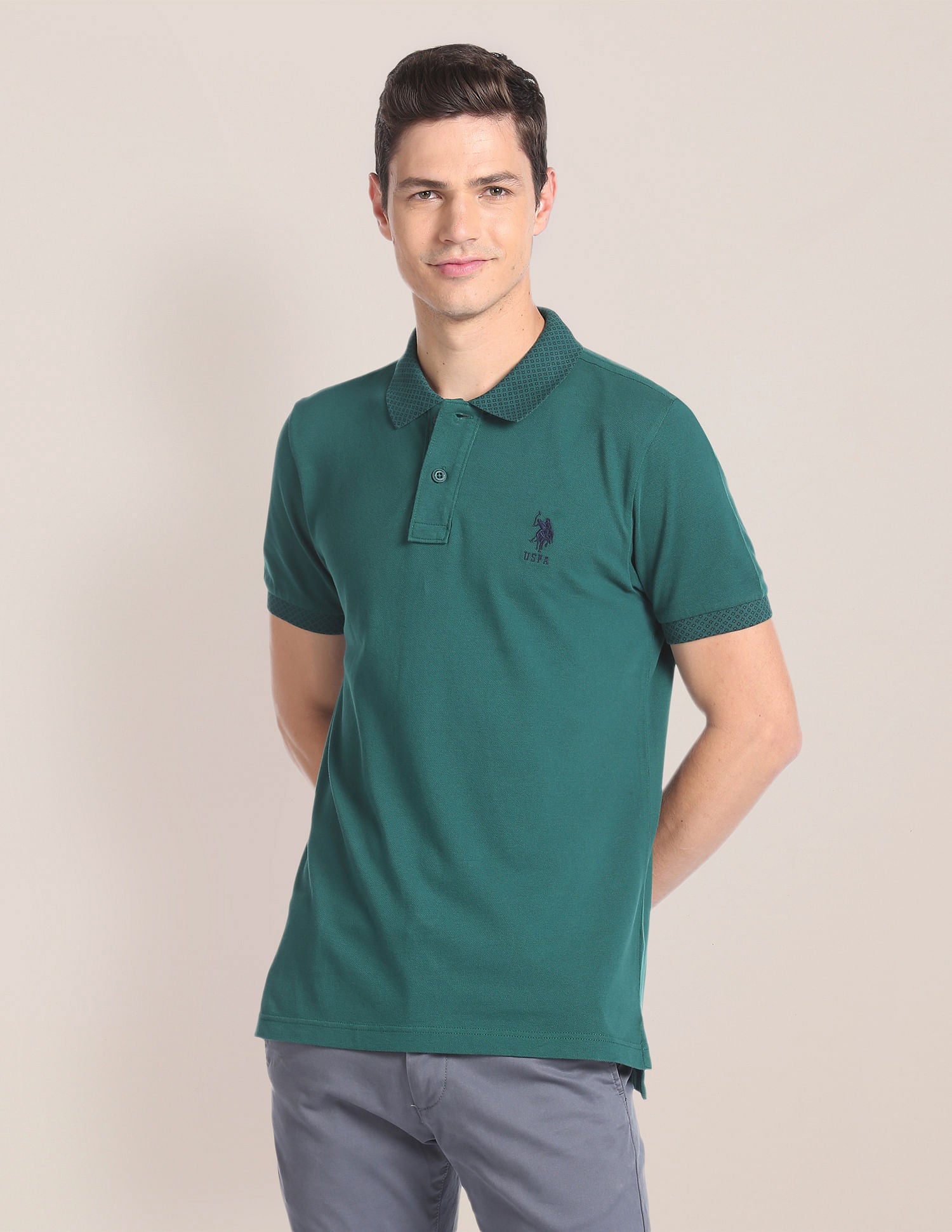 Solid Cotton Polo Shirt Green - U.S. Polo Assn. India | Large