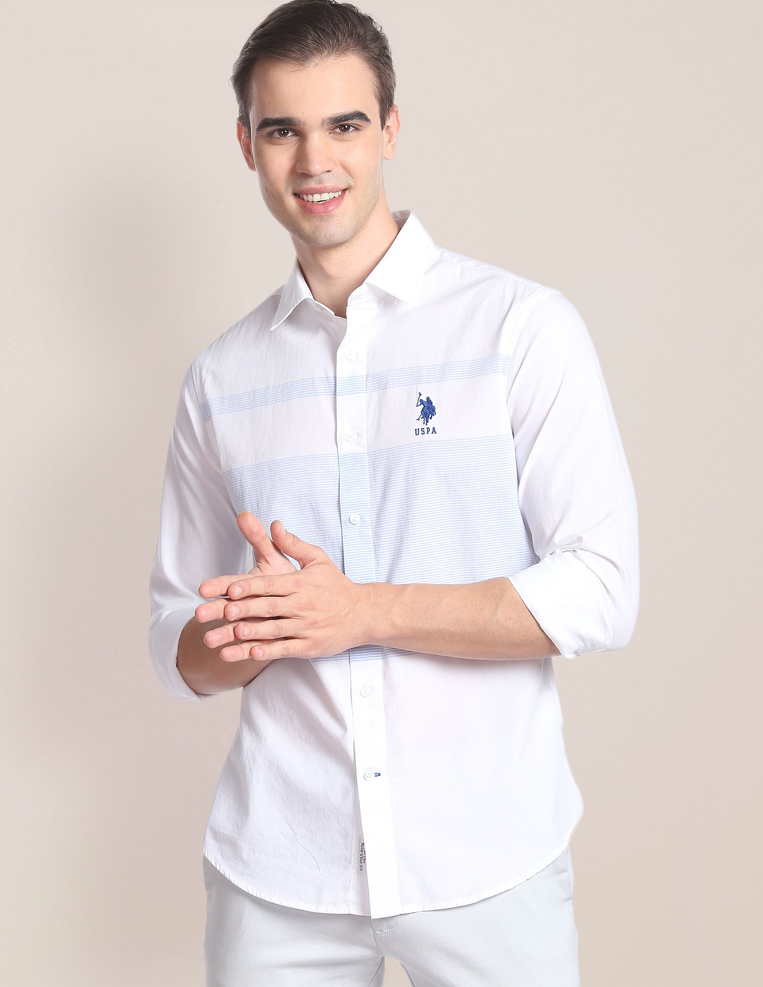 Signature Engineered Stripe Cotton Shirt White - U.S. Polo Assn. India | Large