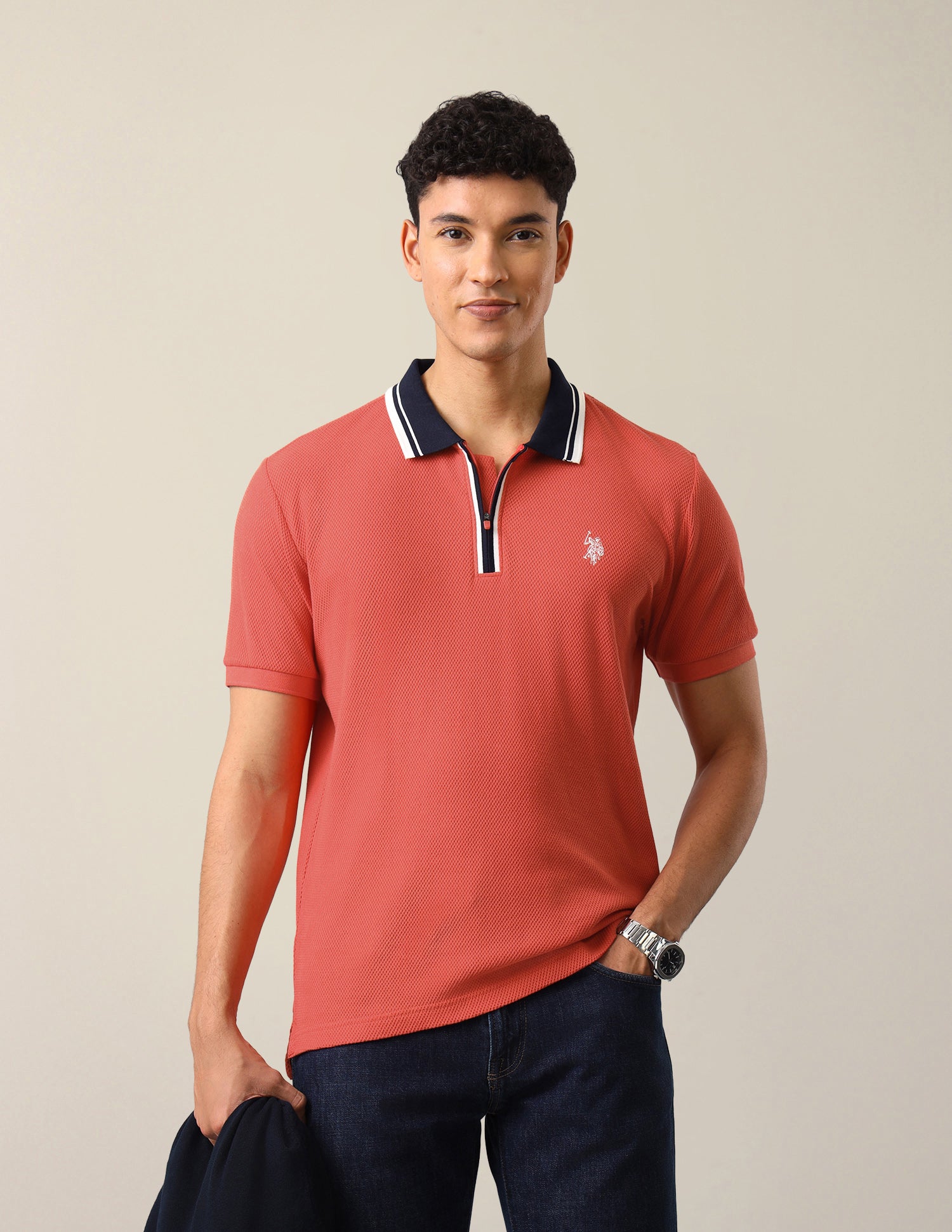 Textured Slim Fit Polo Shirt Red - U.S. Polo Assn. India | Large