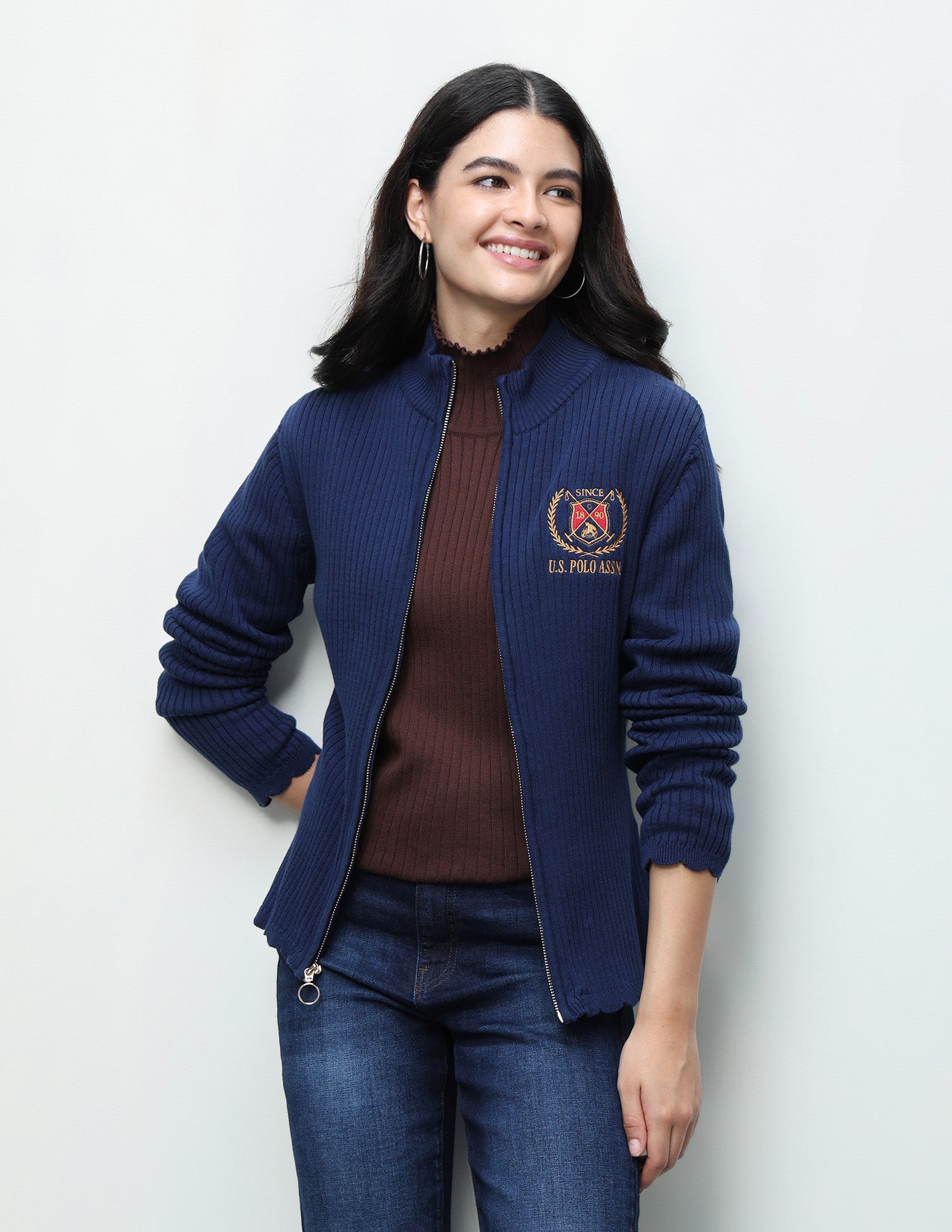 Patterned Knit Regular Fit Zipper Sweater Navy - U.S. Polo Assn. India | Large