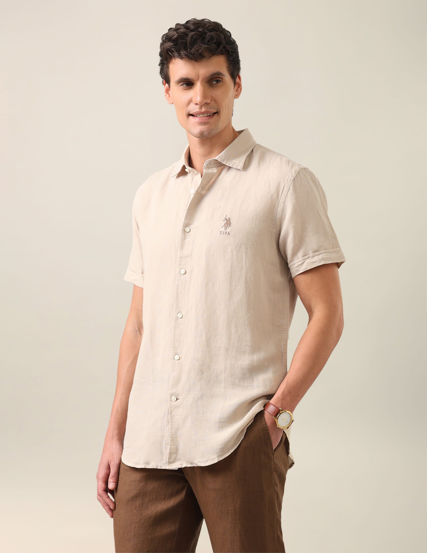 Solid Regular Fit Shirt Beige - U.S. Polo Assn. India | Large