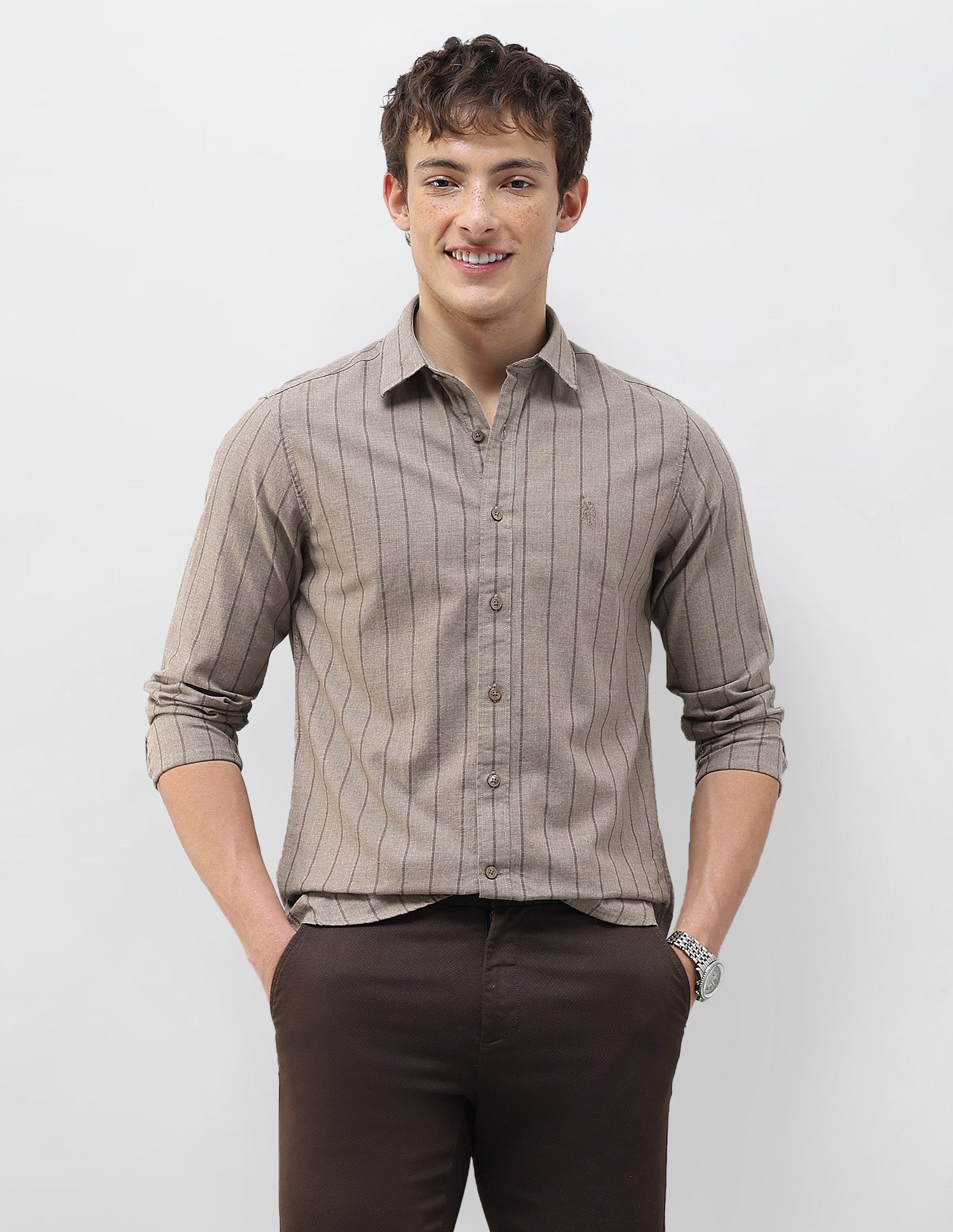 Vertical Striped Tailored Fit Shirt Brown - U.S. Polo Assn. India | Large