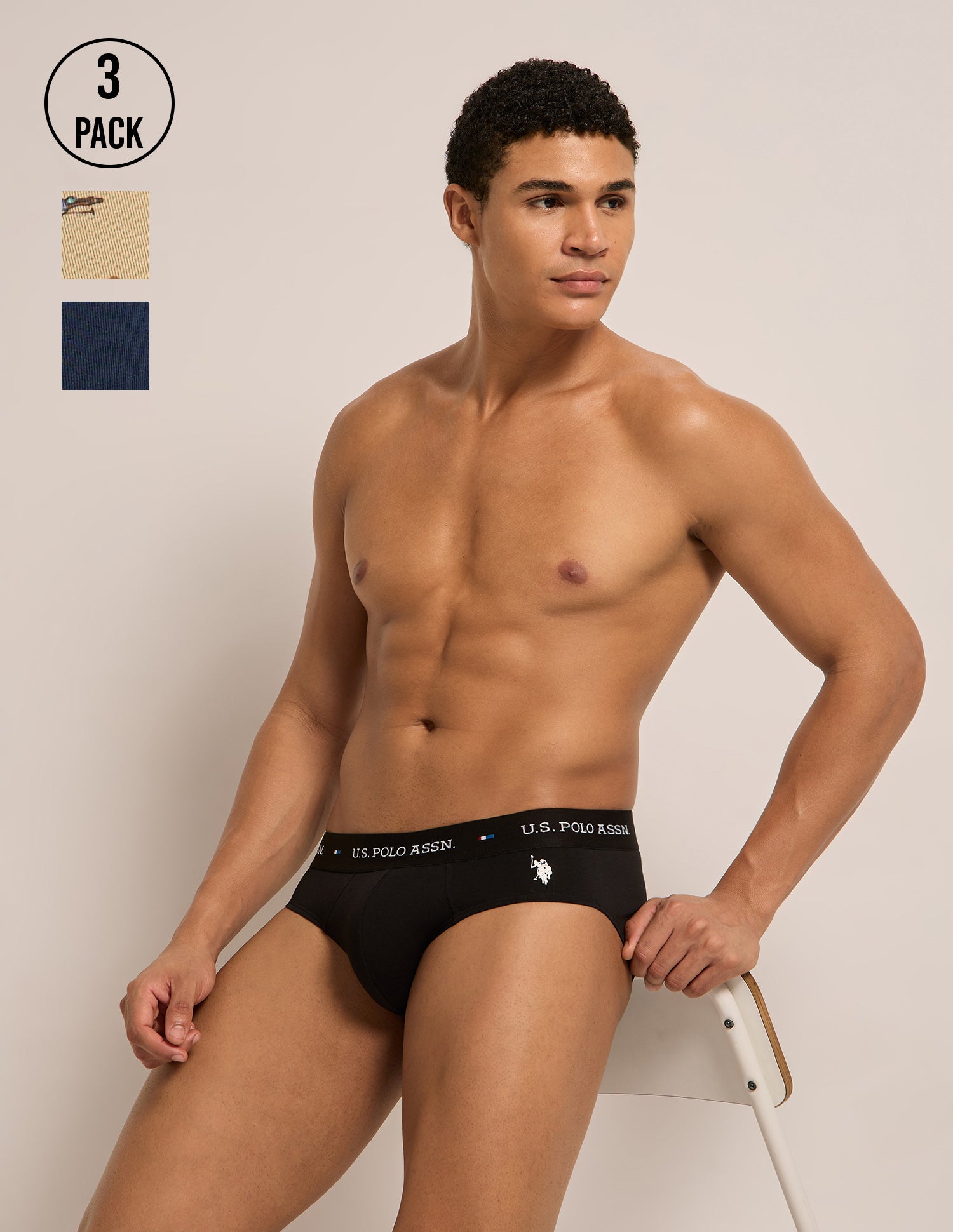 Breathable Cotton Stretch OEB25 Briefs - Pack of 3 Navy | Curds | Black - U.S. Polo Assn. India | Large