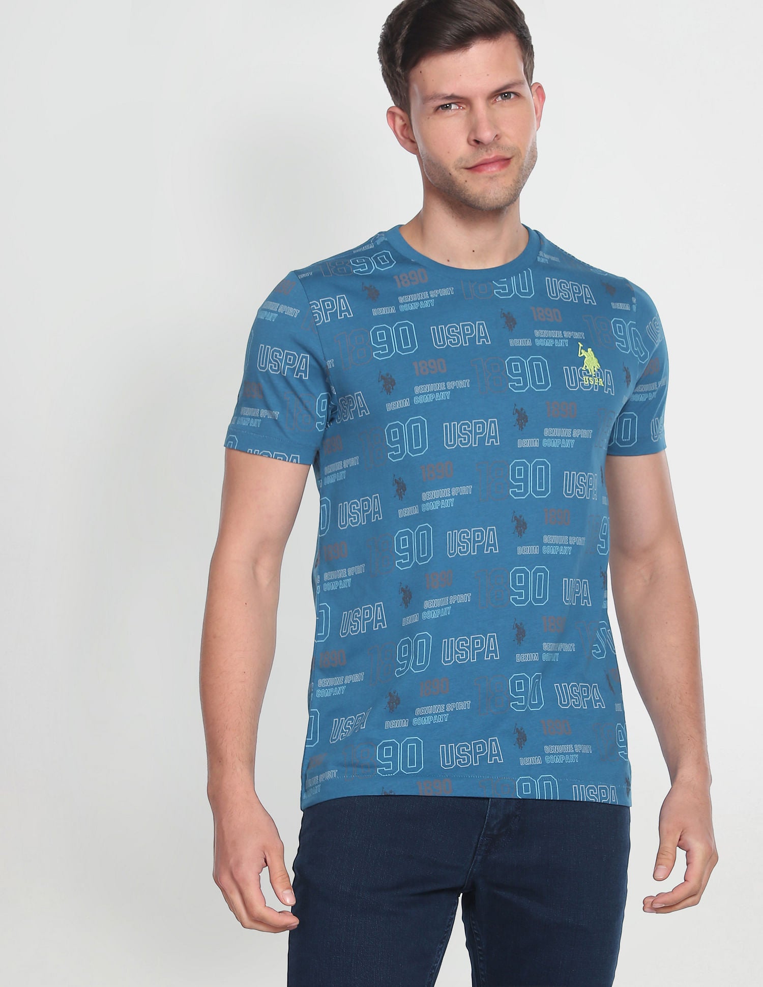 Iconic All Over Brand Print T-Shirt Blue - U.S. Polo Assn. India | Large