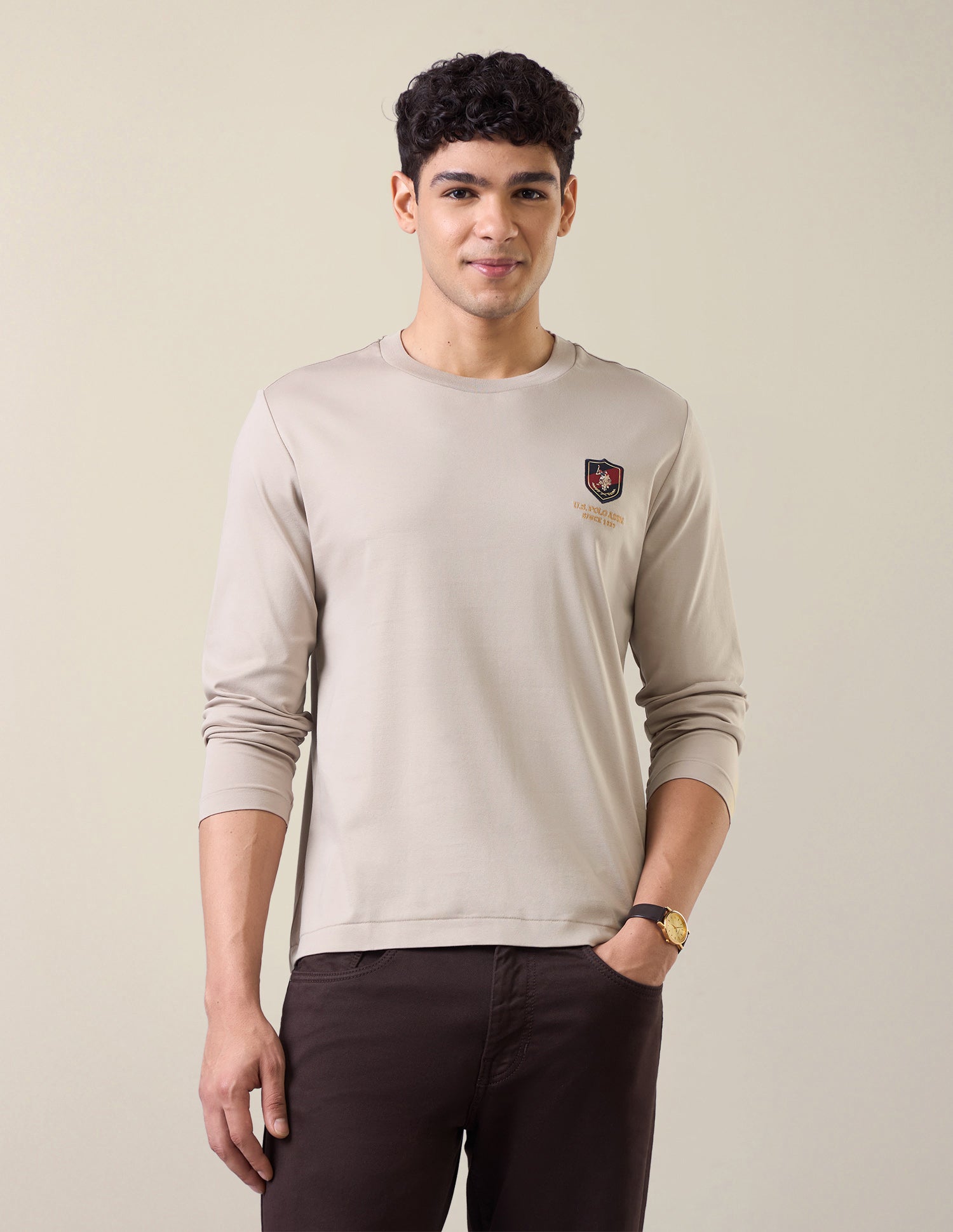 Solid Slim Fit T-Shirt Beige - U.S. Polo Assn. India | Large
