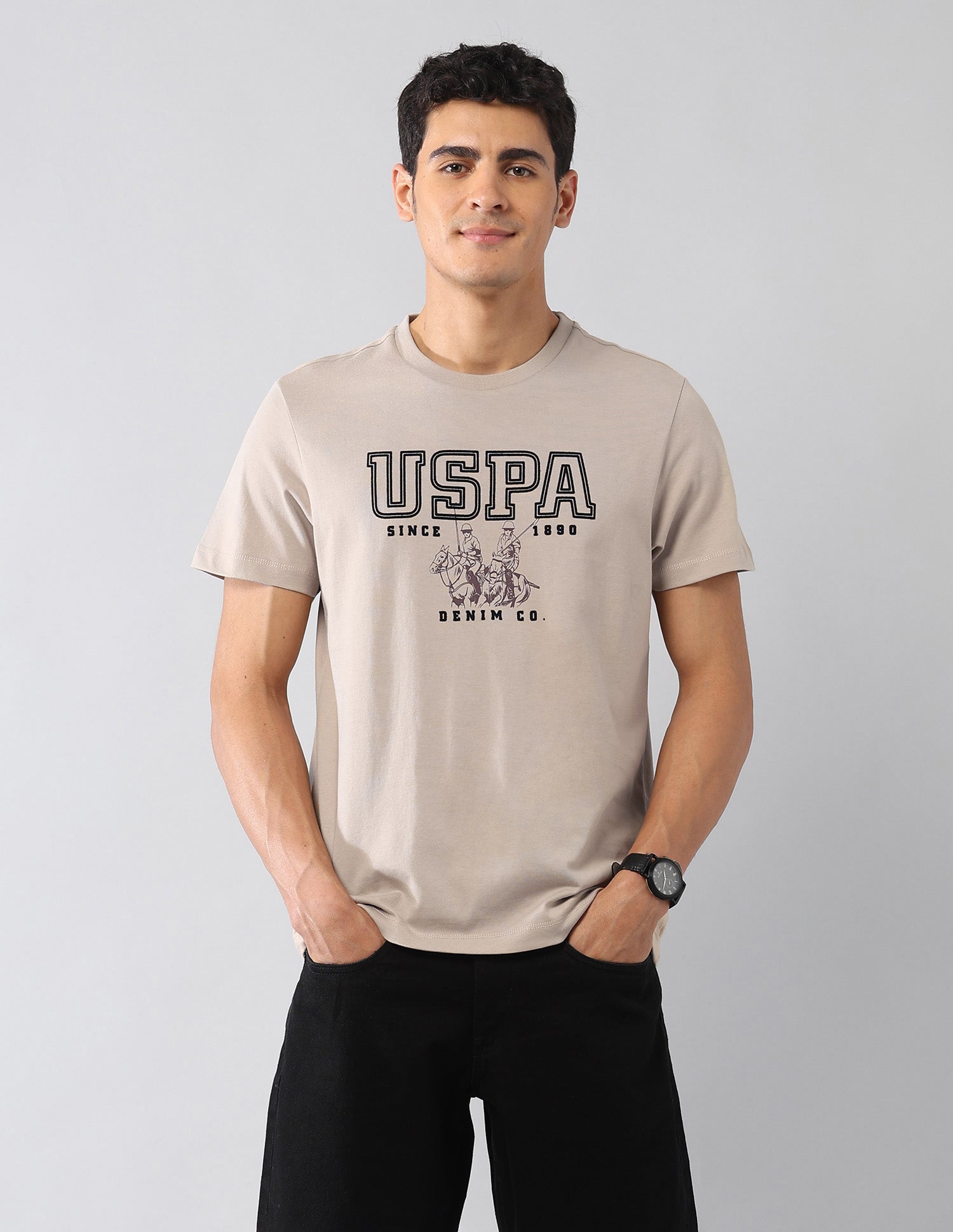 Brand Printed Muscle Fit Colligiate T-Shirt Beige - U.S. Polo Assn. India | Large