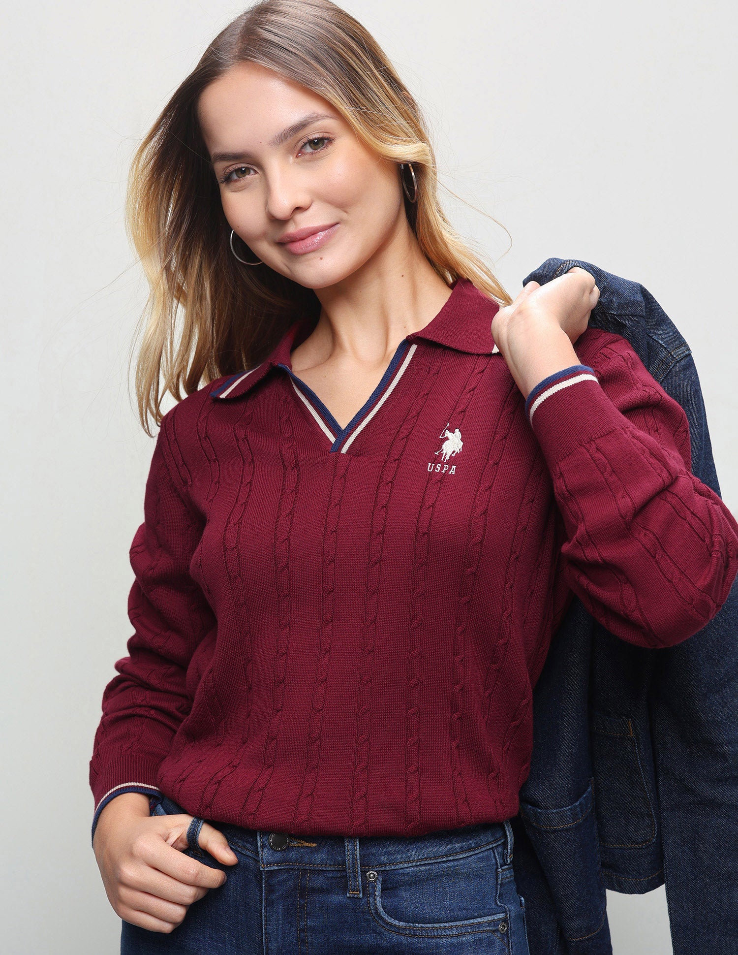 Cable Patterned Knit Regular Fit Sweater Red - U.S. Polo Assn. India | Large