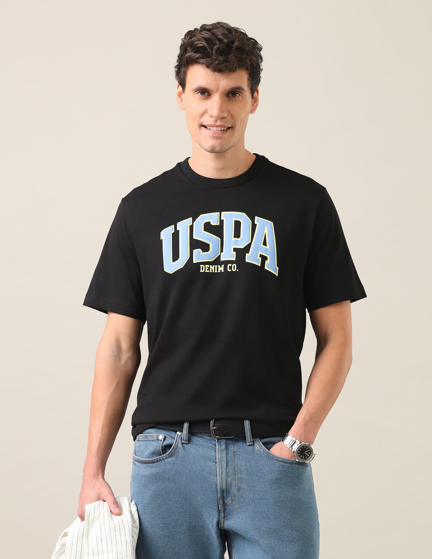 Typographic Brand Printed Relaxed Fit T-Shirt Black - U.S. Polo Assn. India | Large