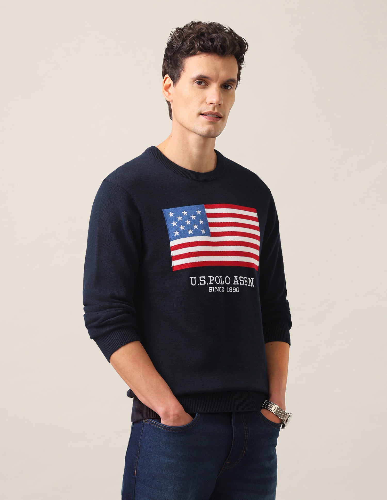 Crew Neck Brand Embroidered Sweater
