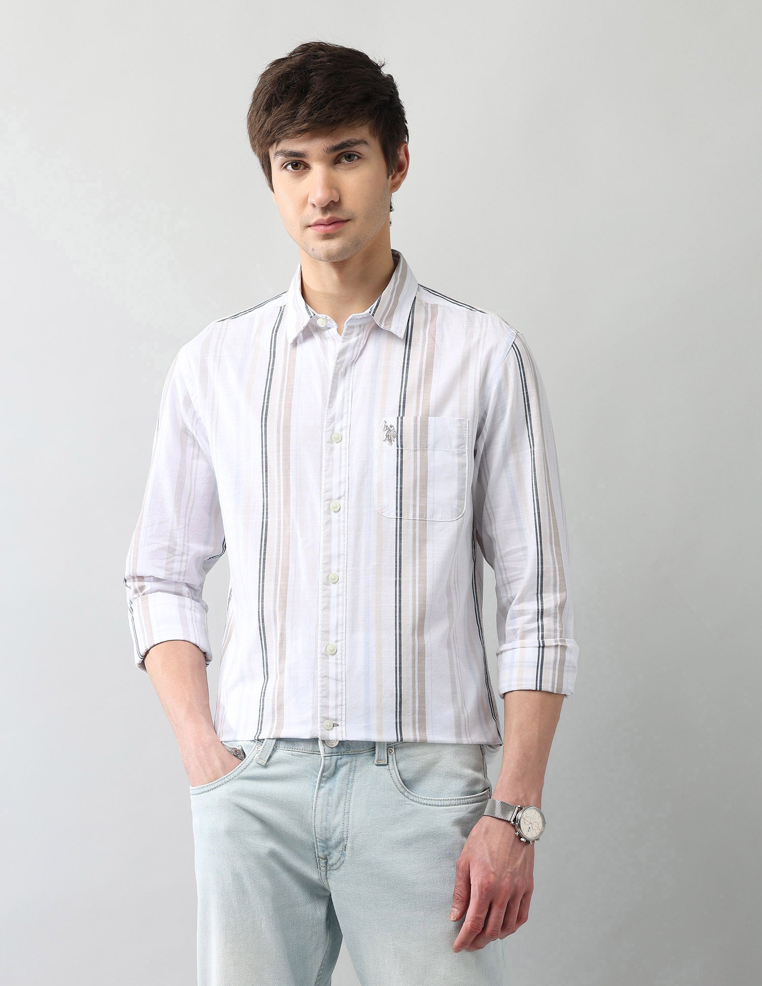 Vertical Striped Regular Fit Poplin Shirt Ivory - U.S. Polo Assn. India | Large