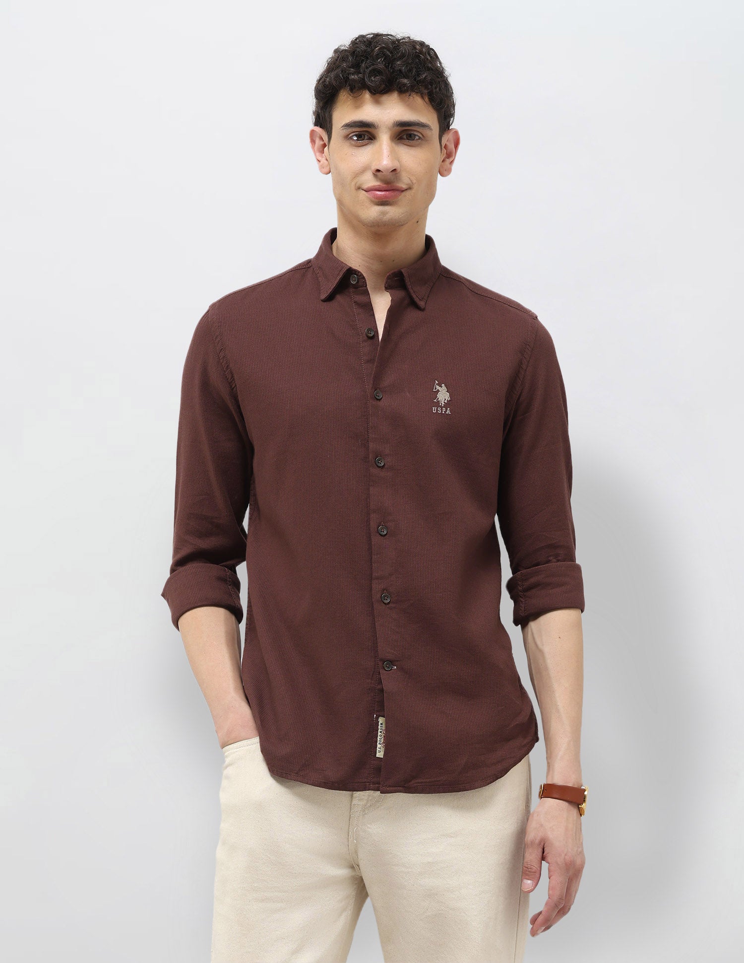 Textured Pure Cotton Shirt Rust - U.S. Polo Assn. India | Large