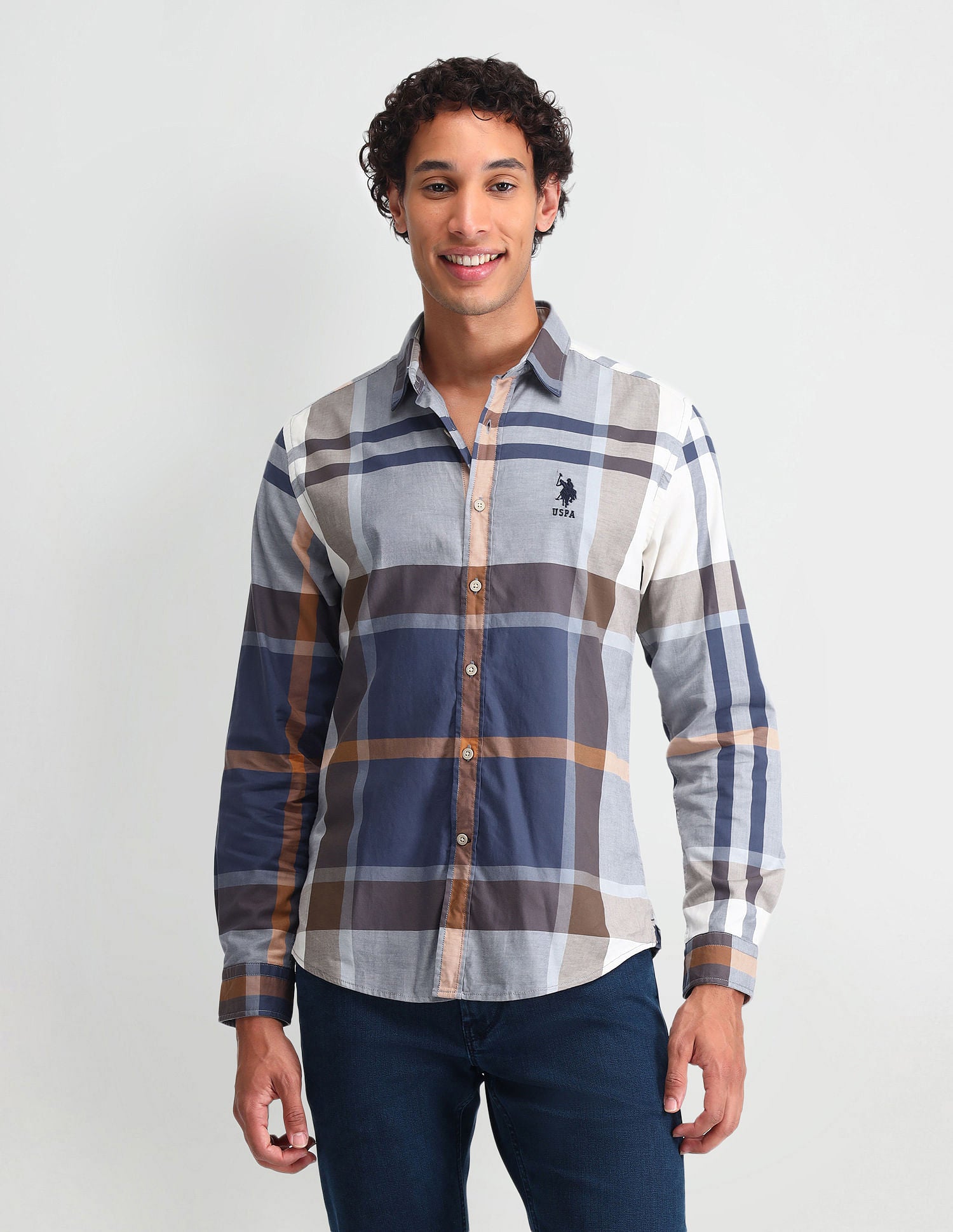 Graph Checked Slim Fit Shirt Light Brown - U.S. Polo Assn. India | Large