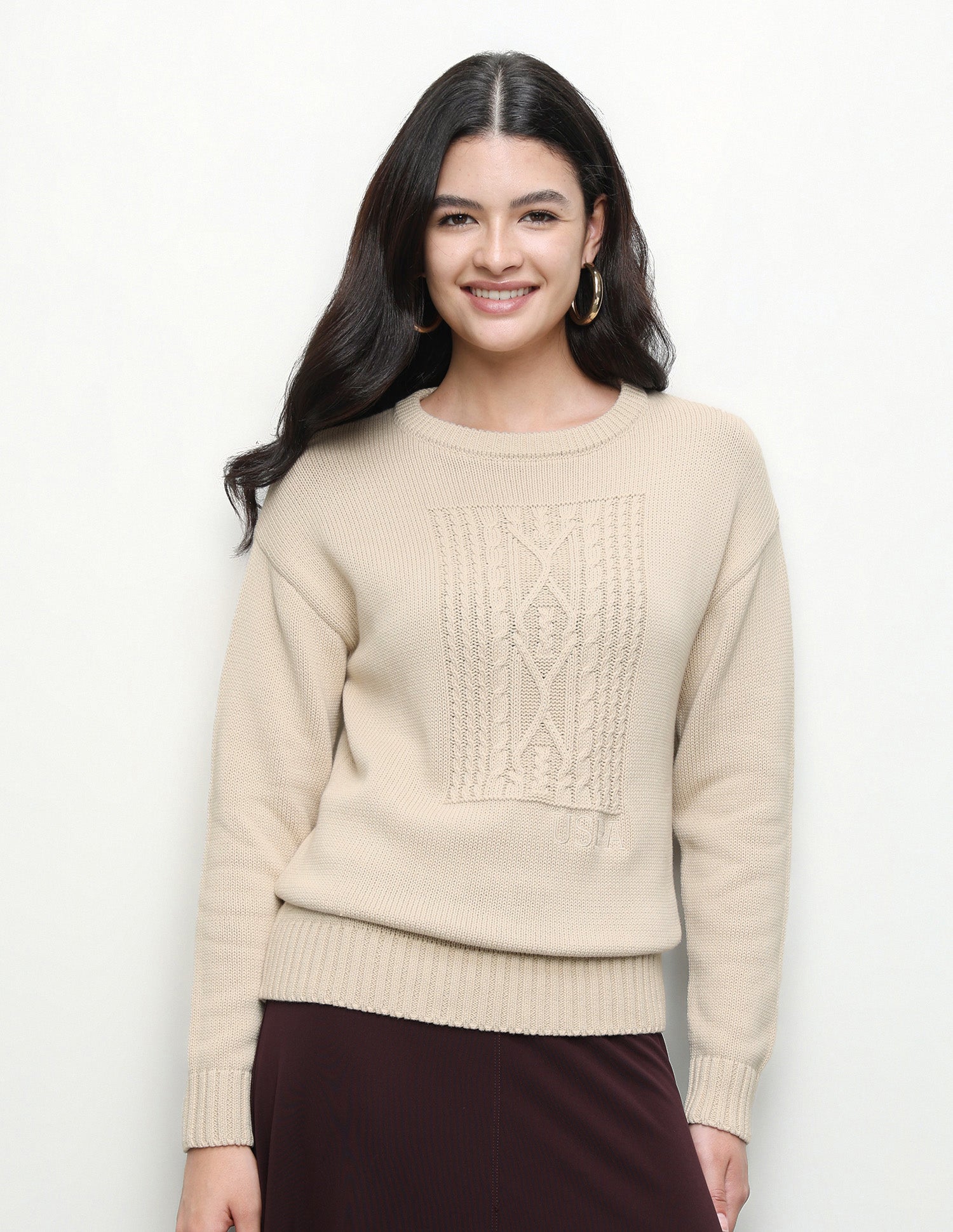 Cable Patterned Knit Relaxed Fit Sweater Ecru - U.S. Polo Assn. India | Large