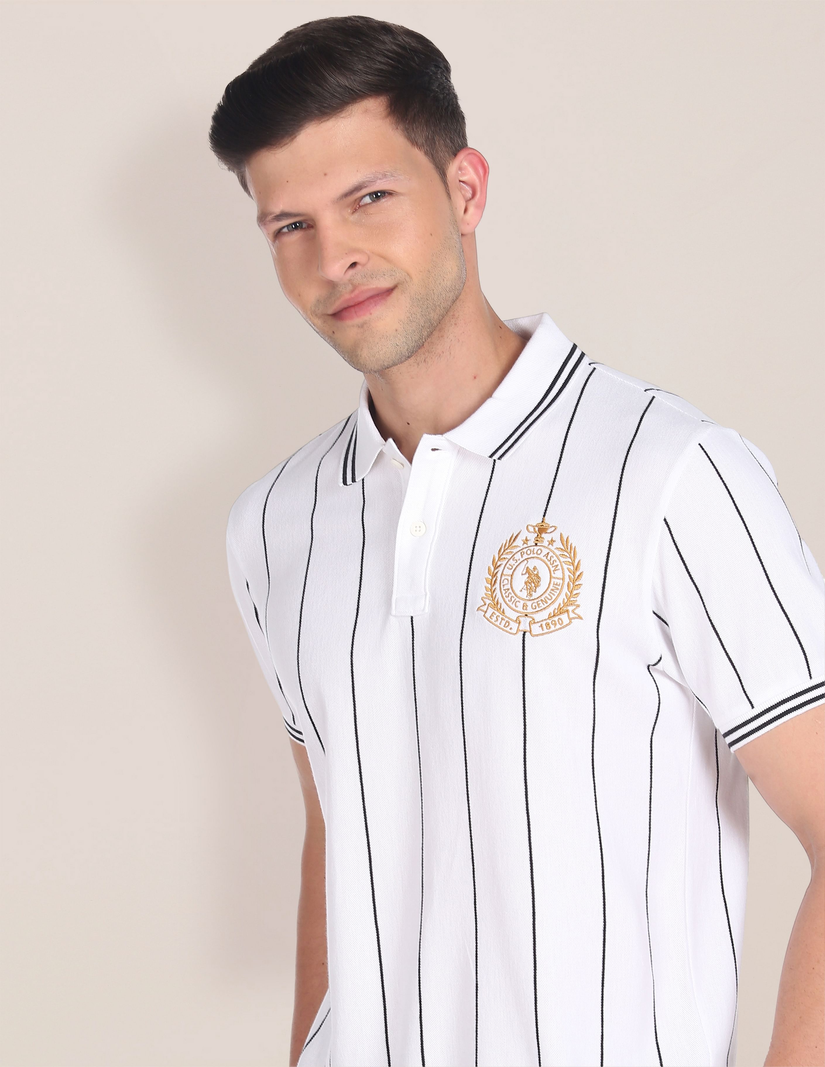 Vertical Stripe Heritage Logo Polo Shirt White - U.S. Polo Assn. India | Large