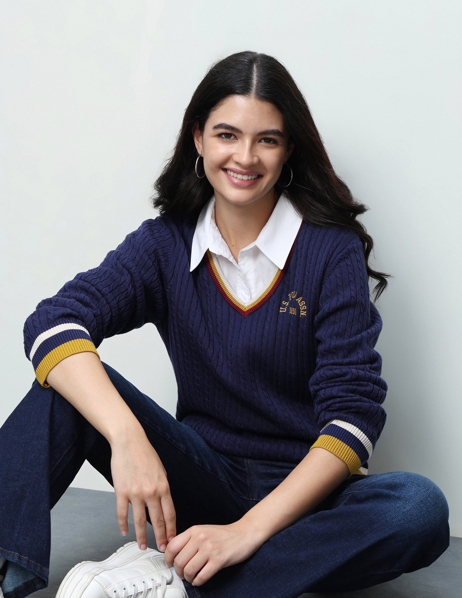 Cable Patterned Knit Regular Fit Sweater Navy - U.S. Polo Assn. India | Large