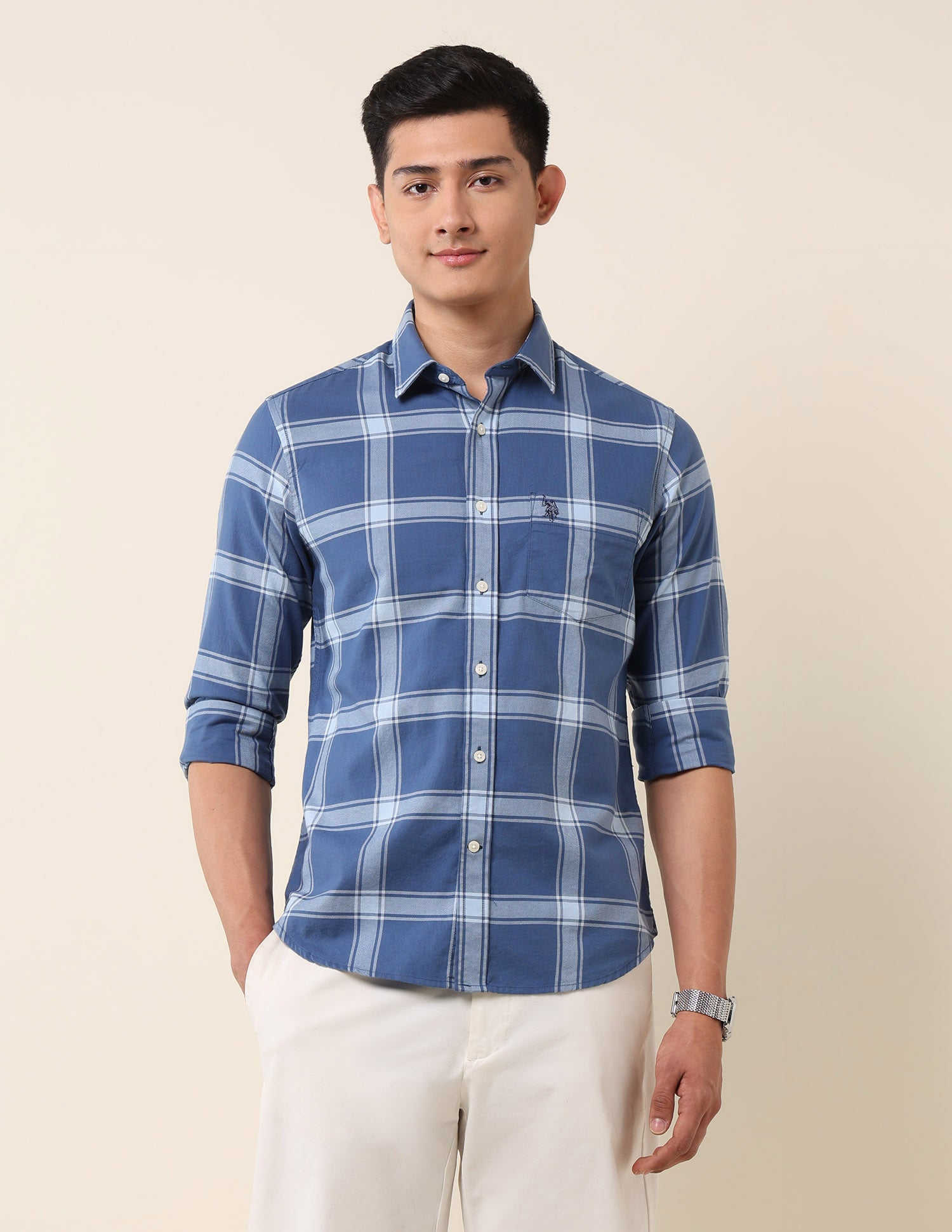 Grid Tattersall Checked Pure Cotton Shirt Blue - U.S. Polo Assn. India | Large