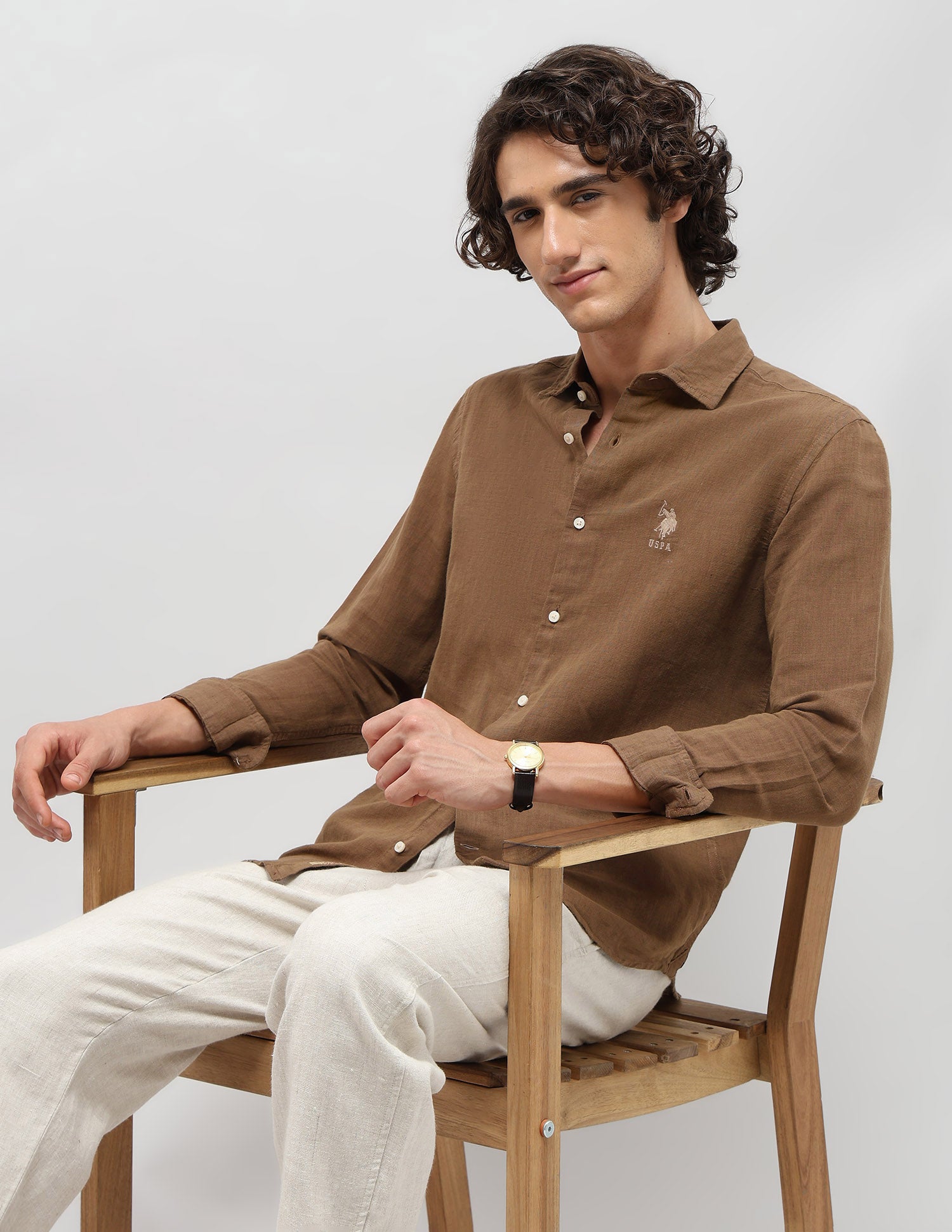 Solid Regular Fit Shirt Khaki - U.S. Polo Assn. India | Large