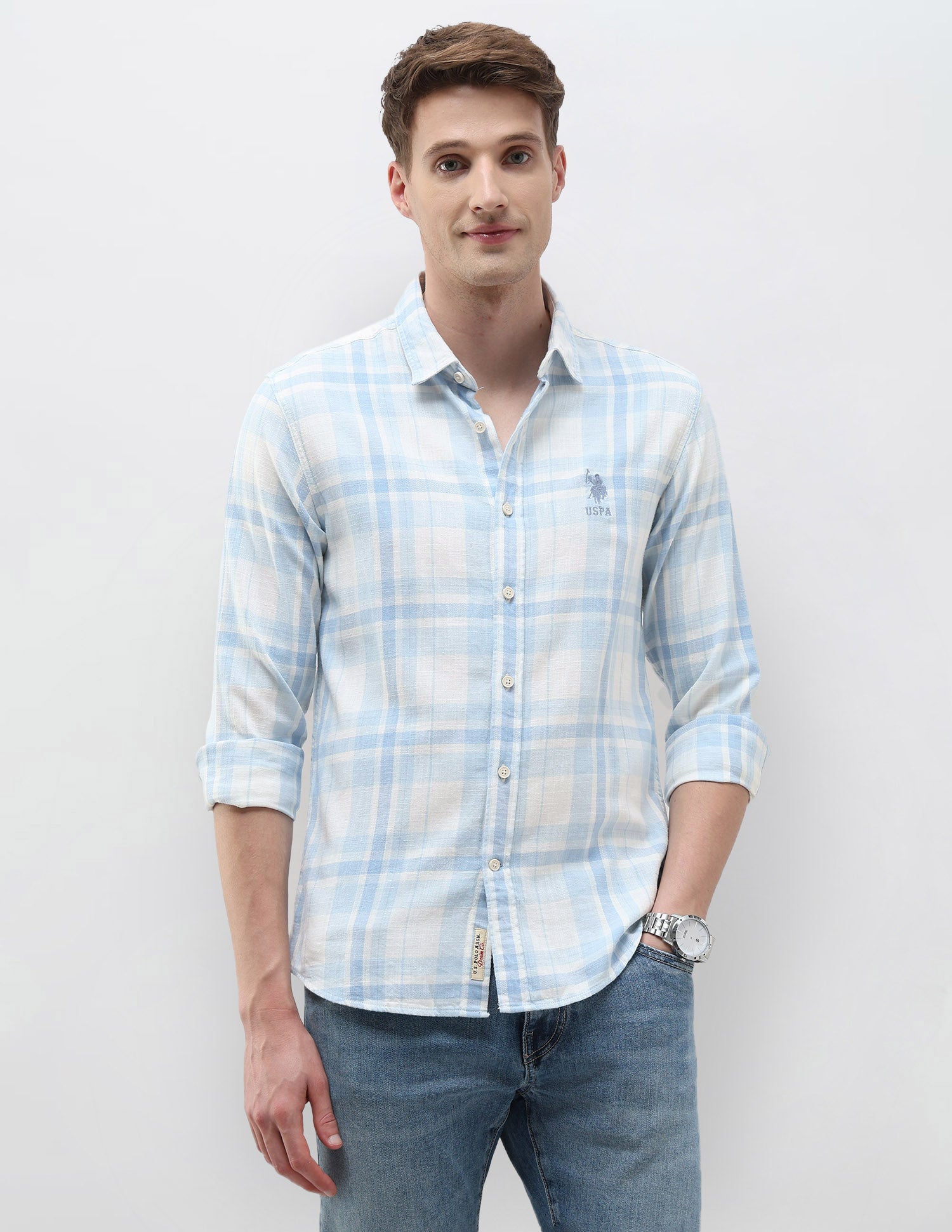 Tartan Checked Slim Fit Shirt Light Blue - U.S. Polo Assn. India | Large
