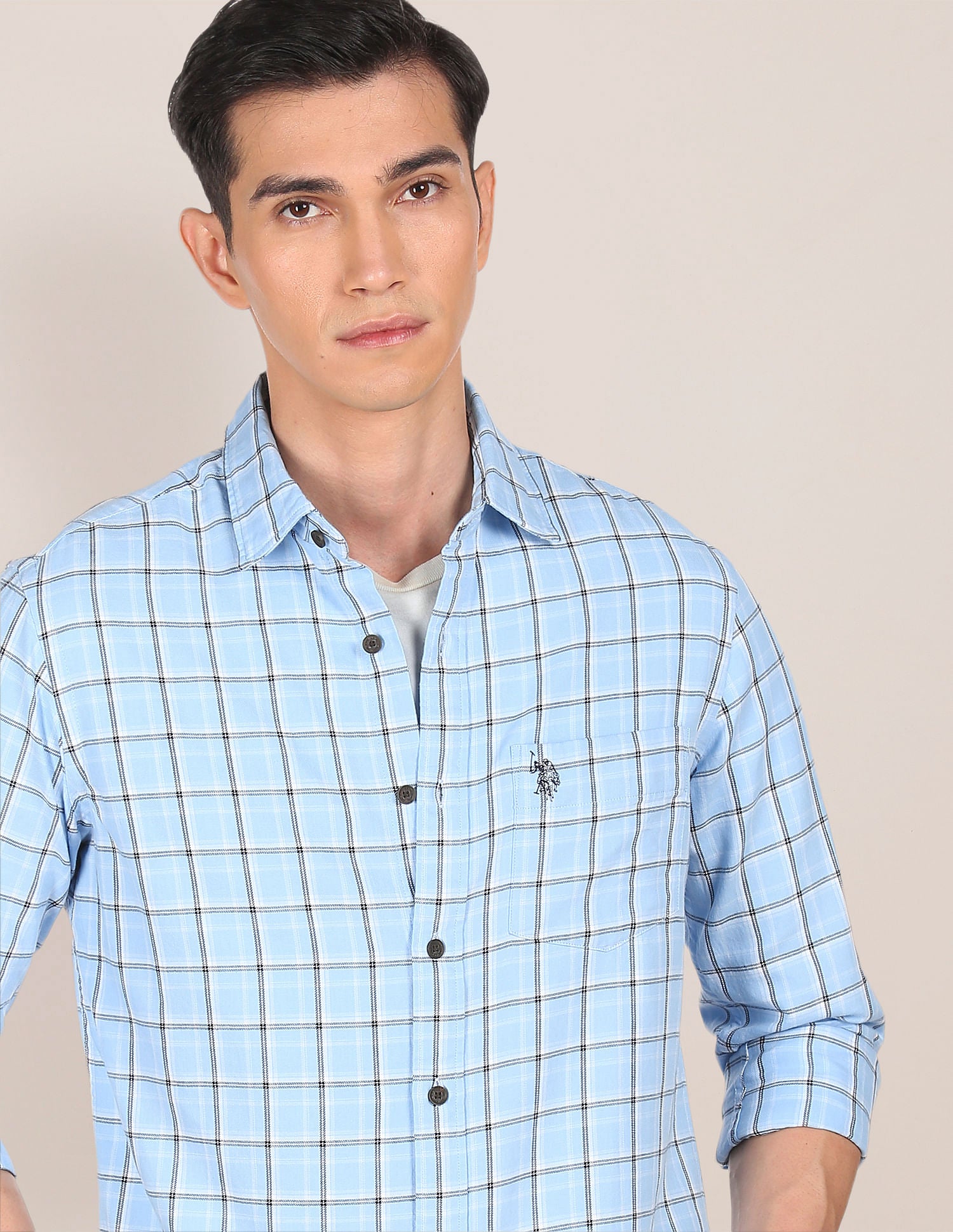 Men Light Blue Pure Cotton Check Casual Shirt Light Blue - U.S. POLO ASSN. | Large